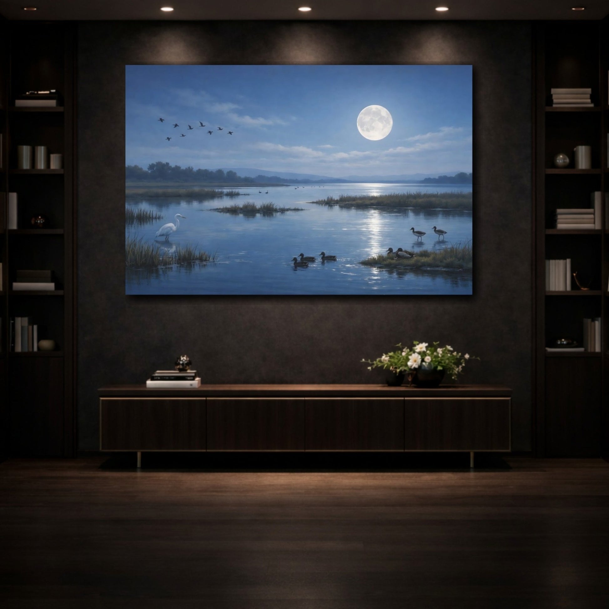 Nature Moonlit Lake Blue - Canvas Wall Art Print - YesArtYes