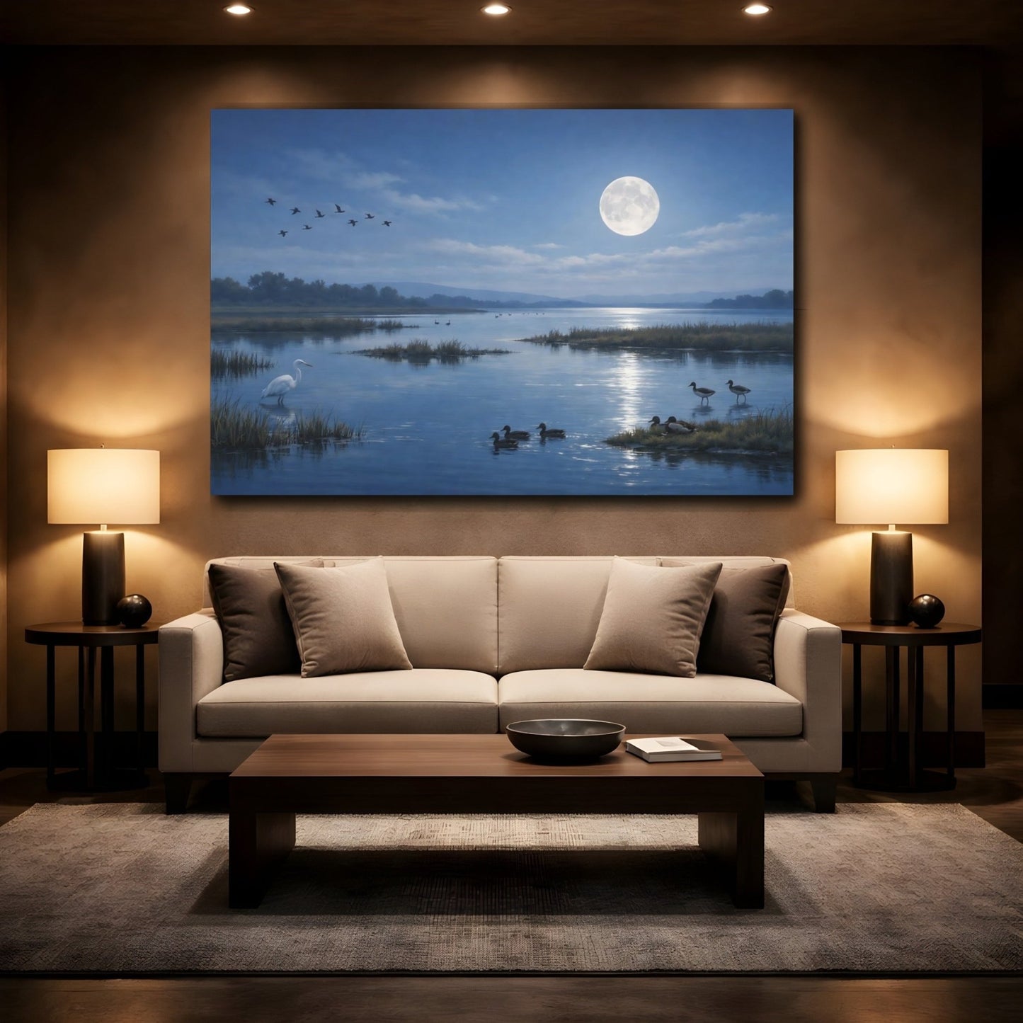 Nature Moonlit Lake Blue - Canvas Wall Art Print - YesArtYes