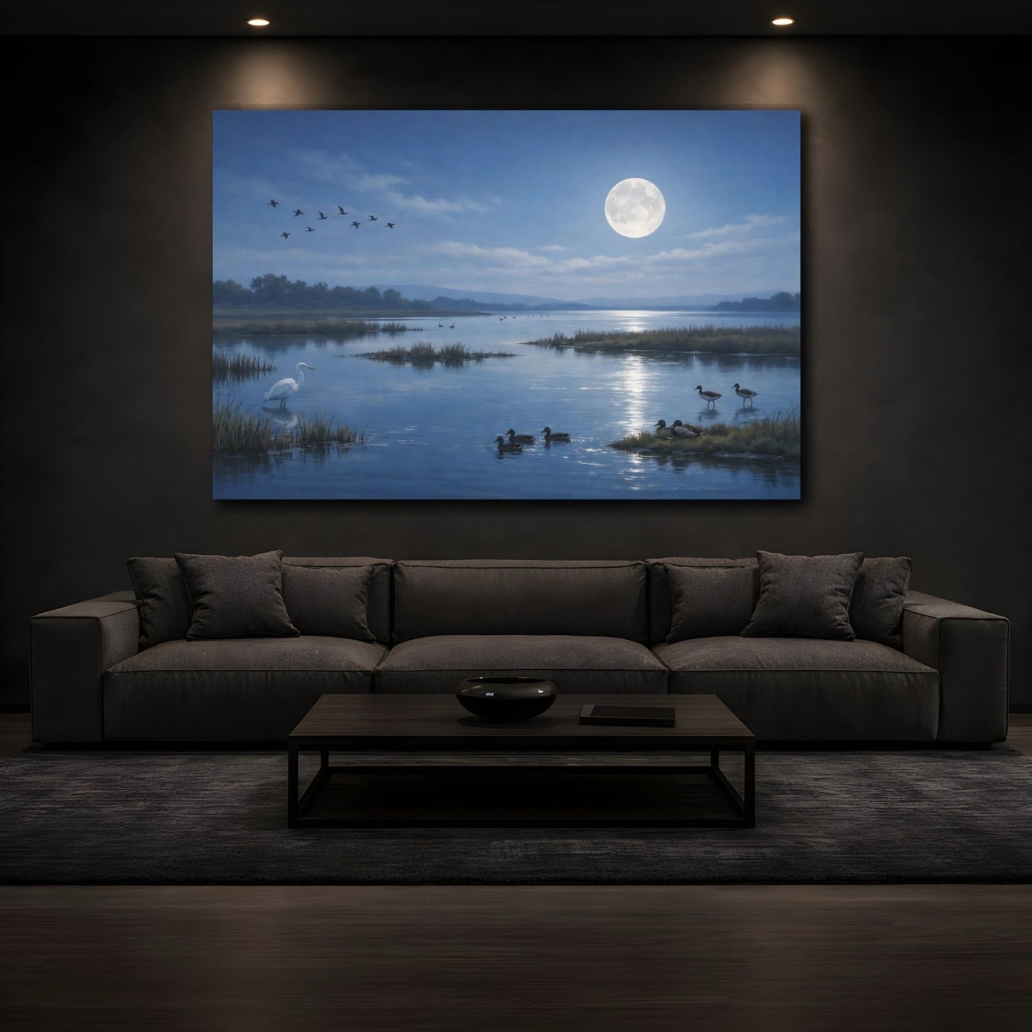 Nature Moonlit Lake Blue - Canvas Wall Art Print - YesArtYes