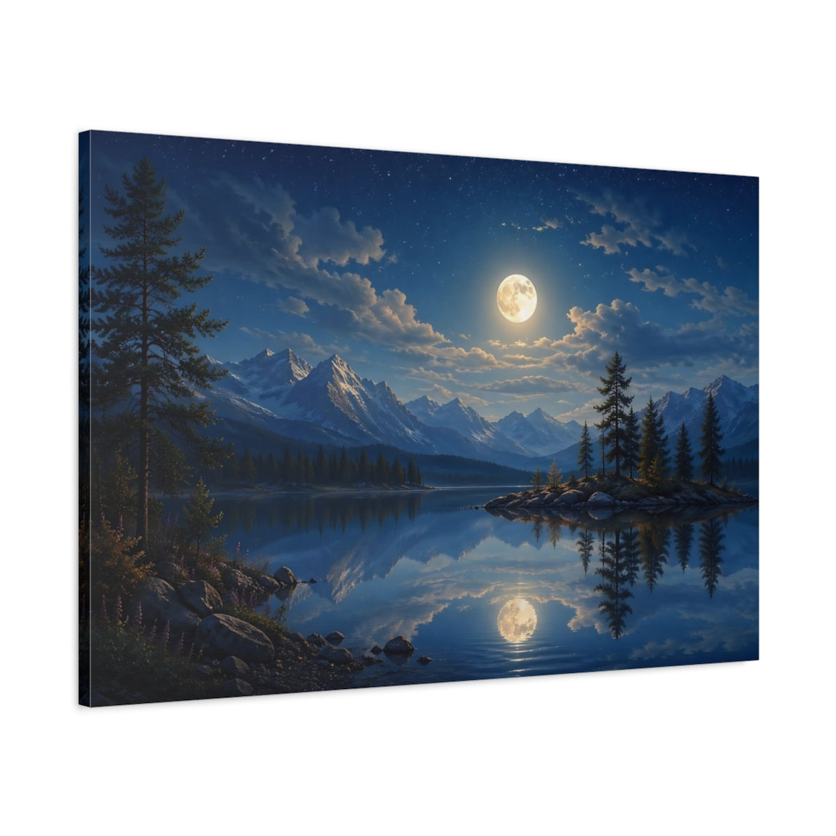 Main Mockup. Nature Moonlit Lake Blue Night Sky shown as stretched canvas wall art