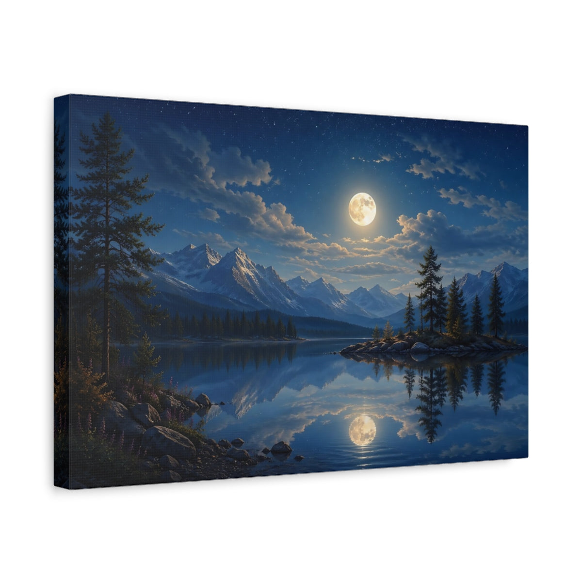 Side Mockup 4. Nature Moonlit Lake Blue Night Sky shown as stretched canvas wall art