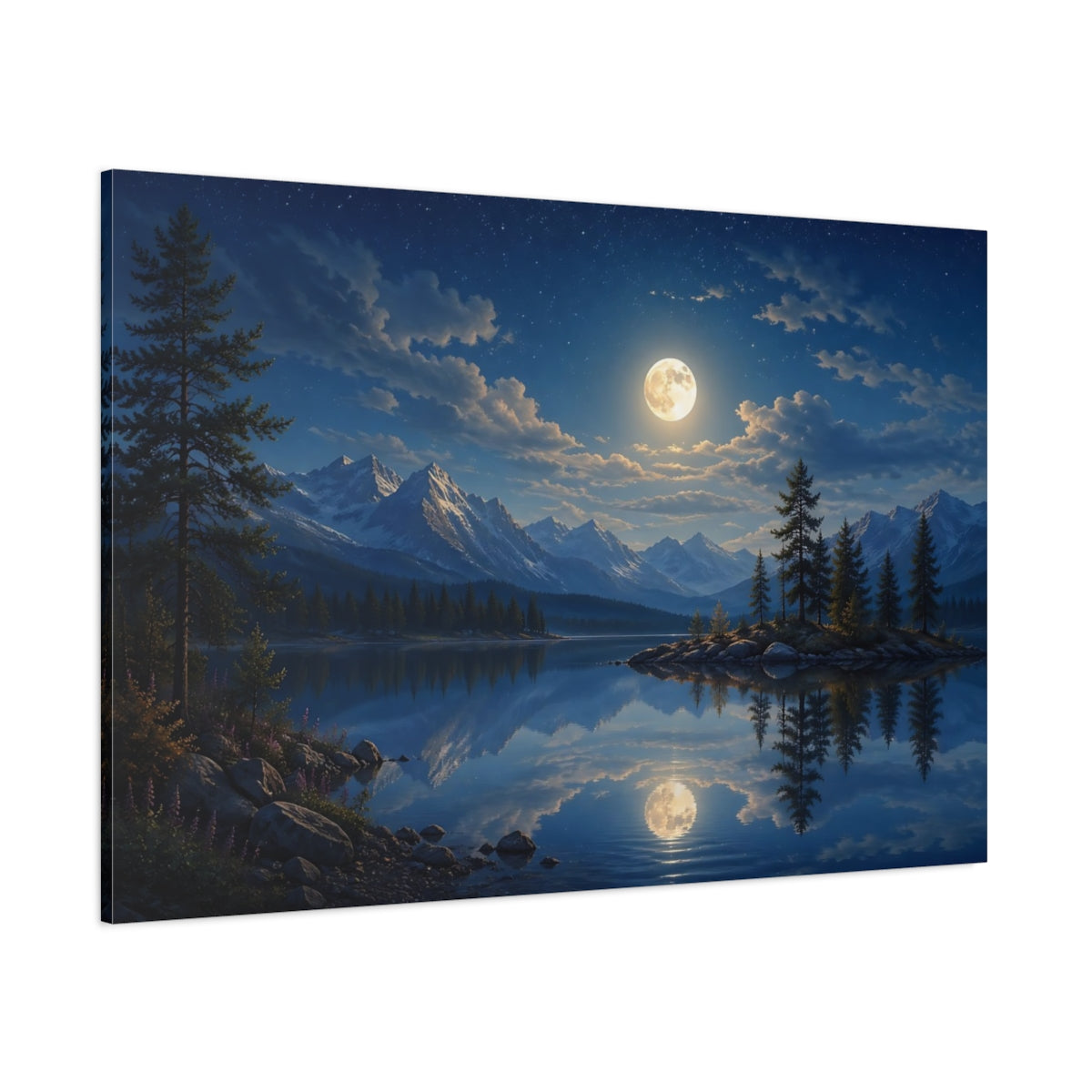 Side Mockup 1. Nature Moonlit Lake Blue Night Sky shown as stretched canvas wall art