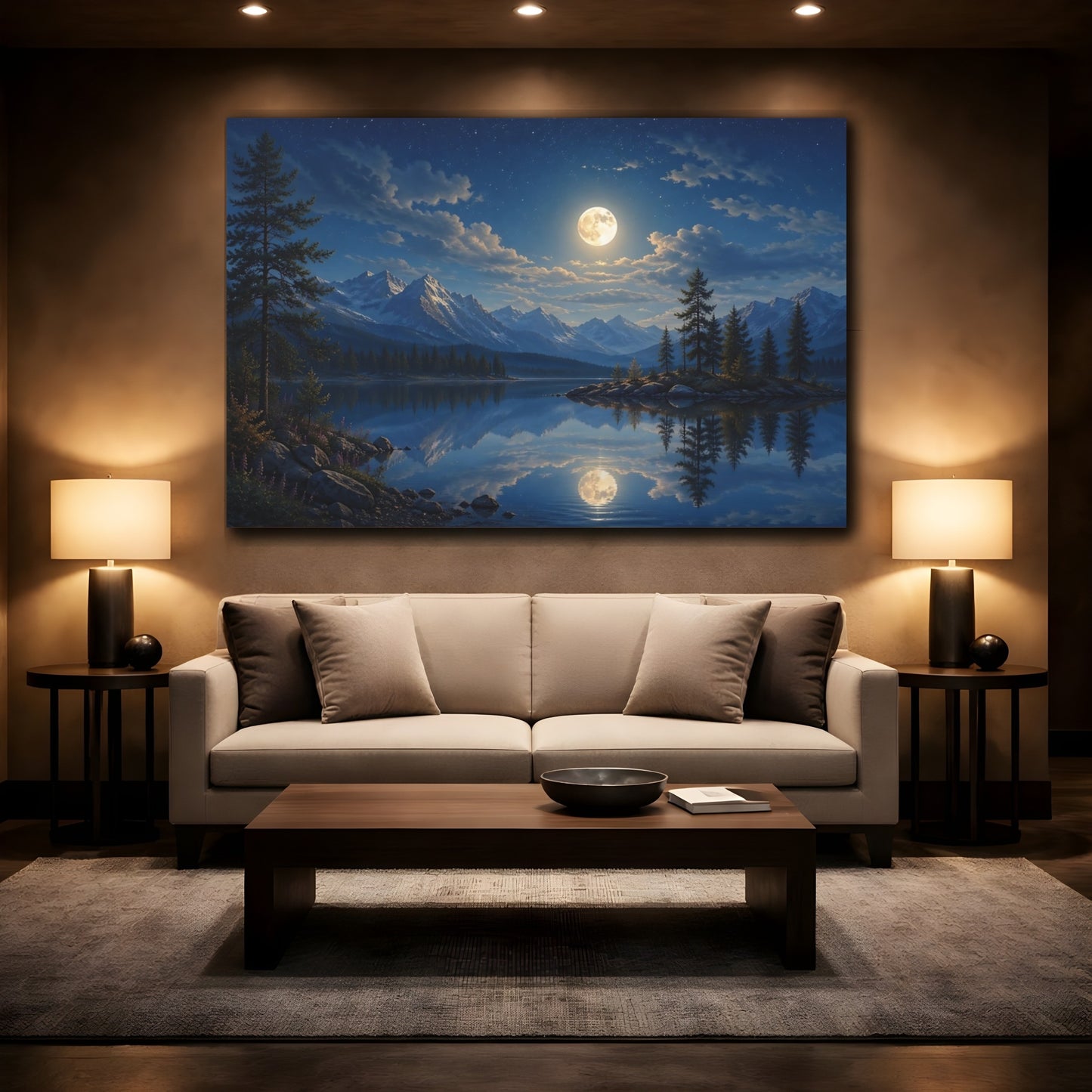 Mockup 2. Nature Moonlit Lake Blue Night Sky shown as stretched canvas wall art
