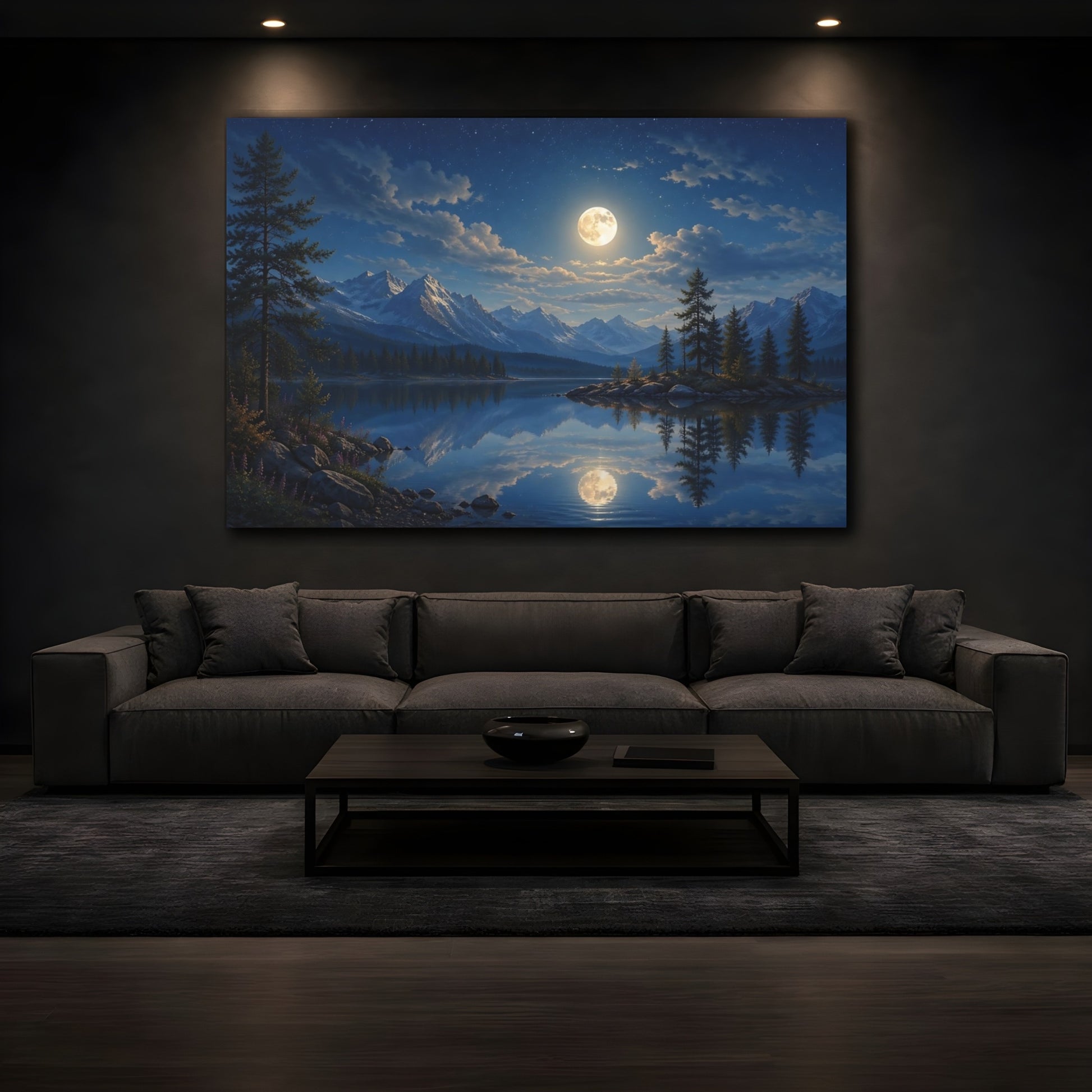 Mockup 3. Nature Moonlit Lake Blue Night Sky shown as stretched canvas wall art