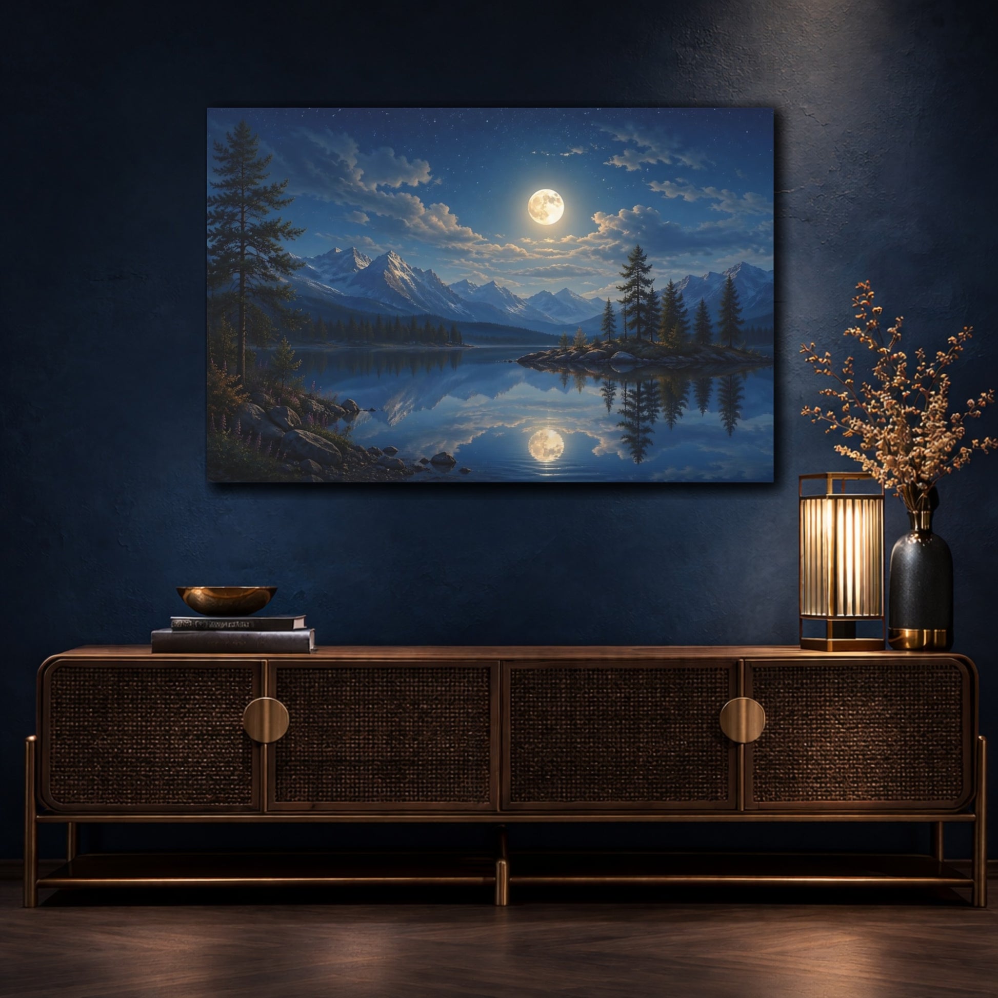 Mockup 4. Nature Moonlit Lake Blue Night Sky shown as stretched canvas wall art