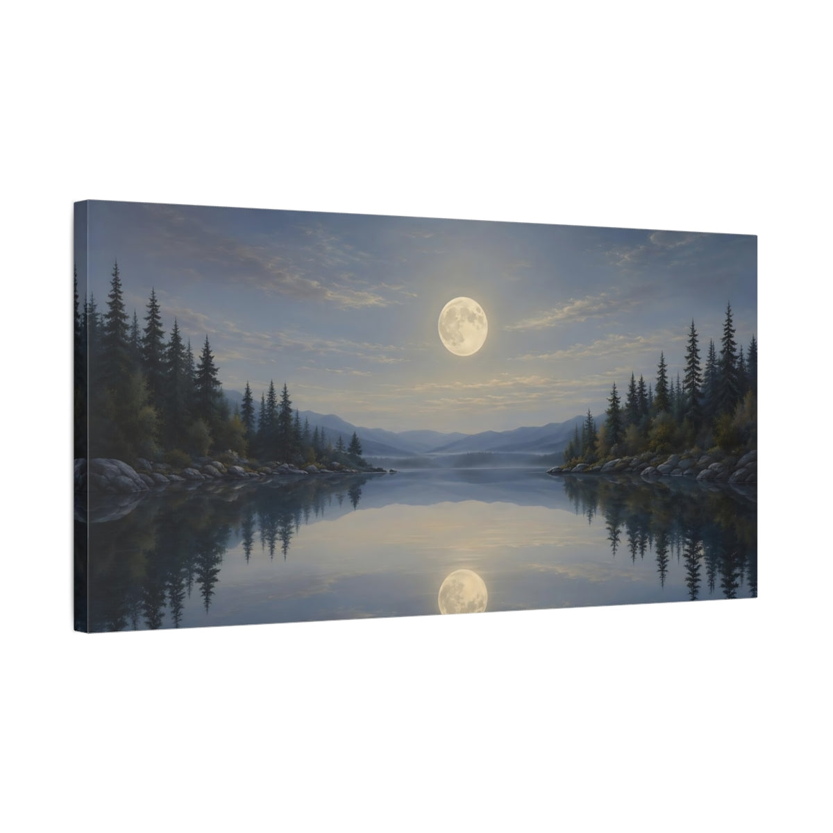 Side Mockup 1. Nature Moonlit Lake Moonlit Landscape shown as stretched canvas wall art