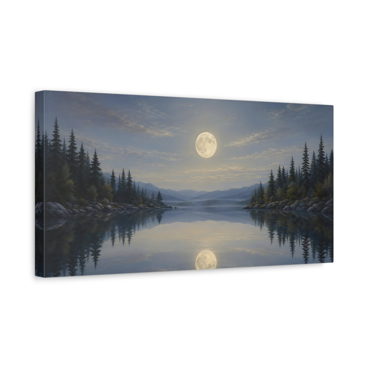 Side Mockup 3. Nature Moonlit Lake Moonlit Landscape shown as stretched canvas wall art