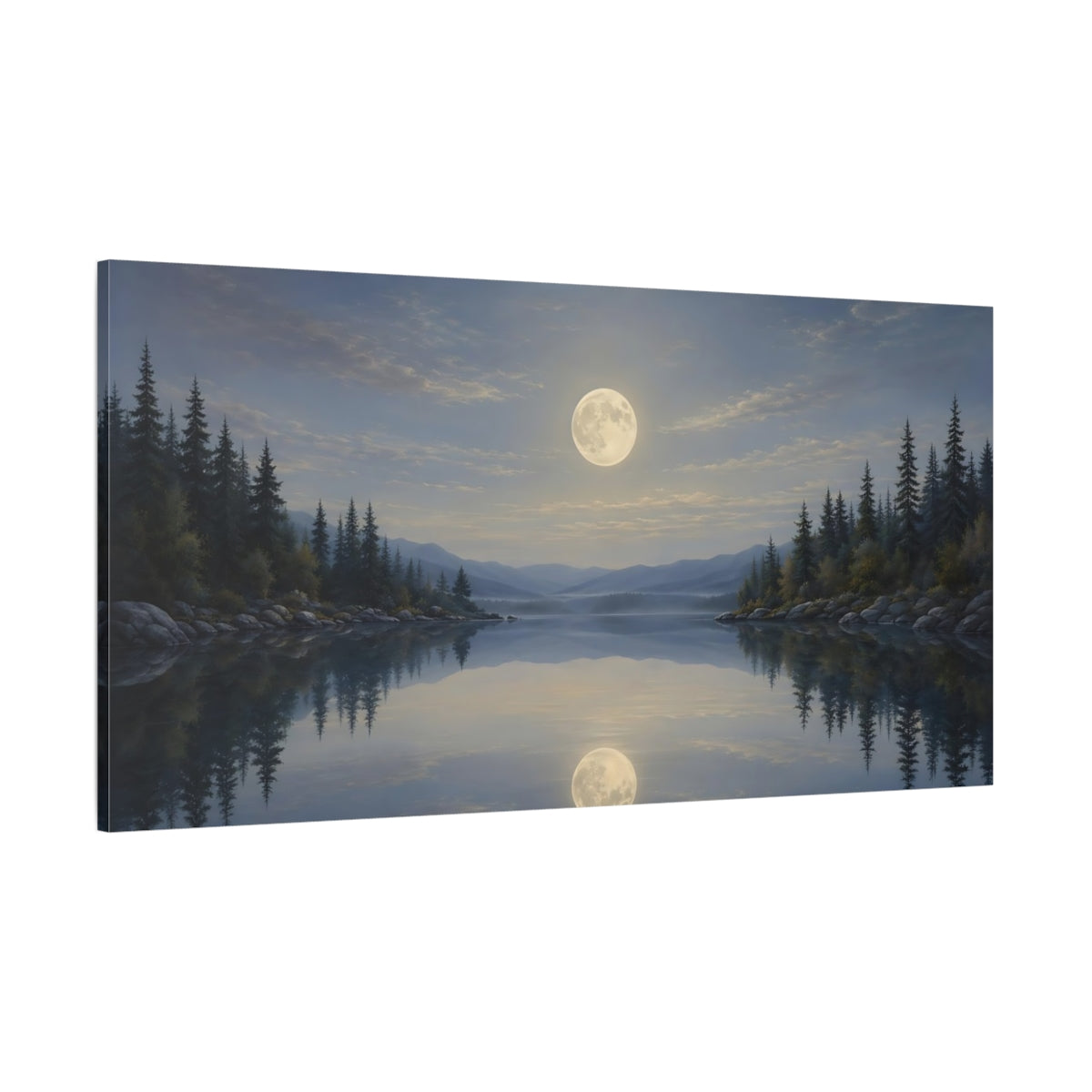Side Mockup 2. Nature Moonlit Lake Moonlit Landscape shown as stretched canvas wall art