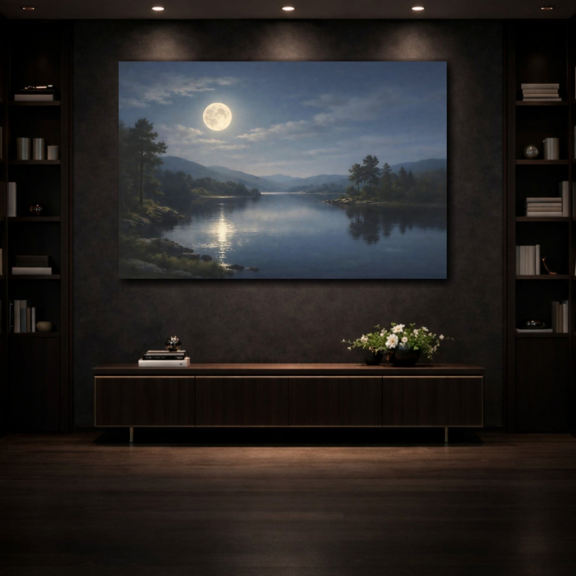 Nature Moonlit Lake Landscape - Canvas Wall Art Print - YesArtYes