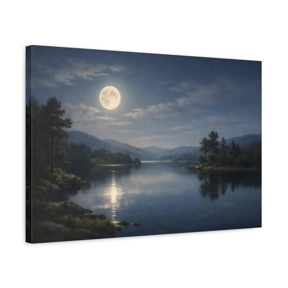 Side Mockup 3. Nature Moonlit Lake Moonlit Landscape shown as stretched canvas wall art