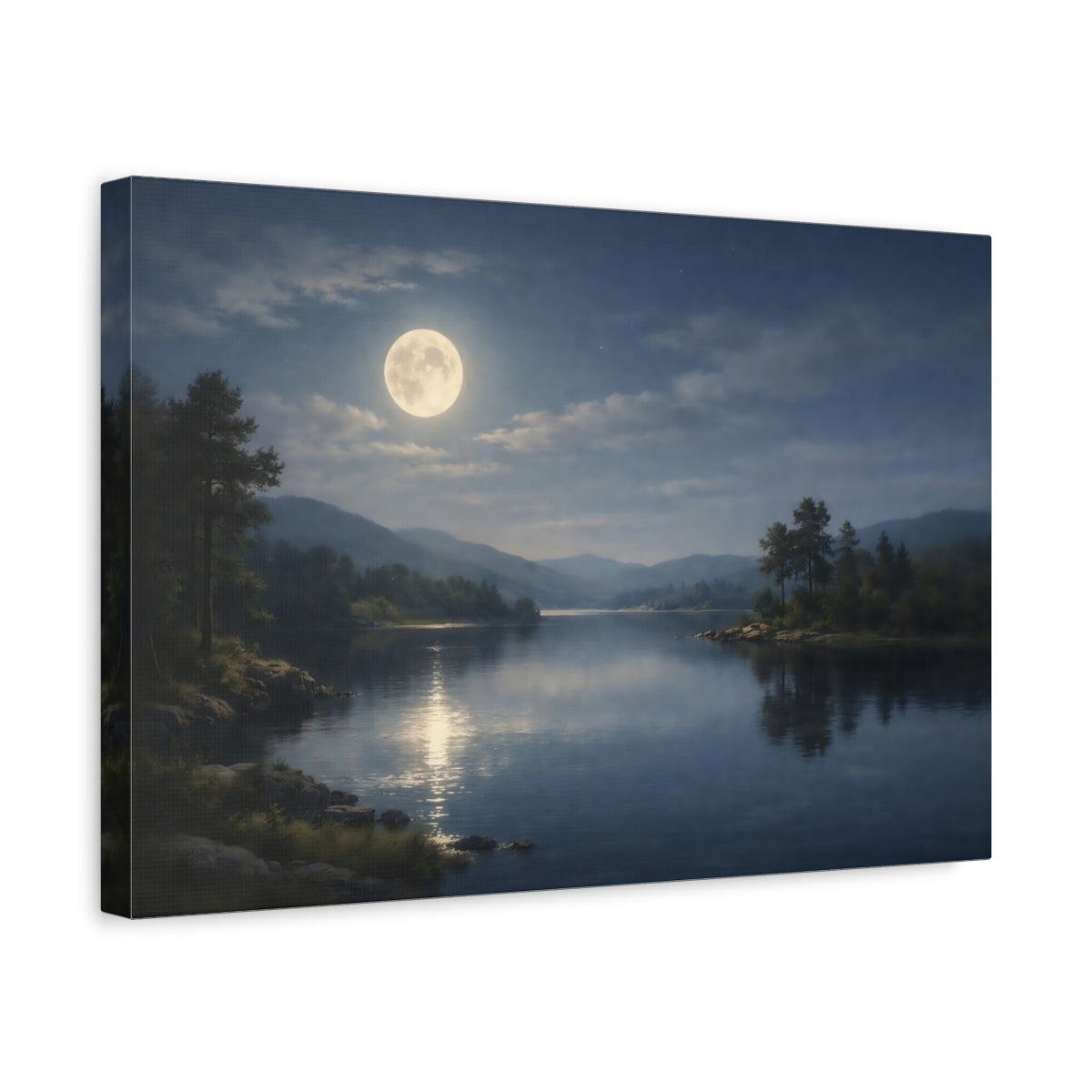 Side Mockup 4. Nature Moonlit Lake Moonlit Landscape shown as stretched canvas wall art