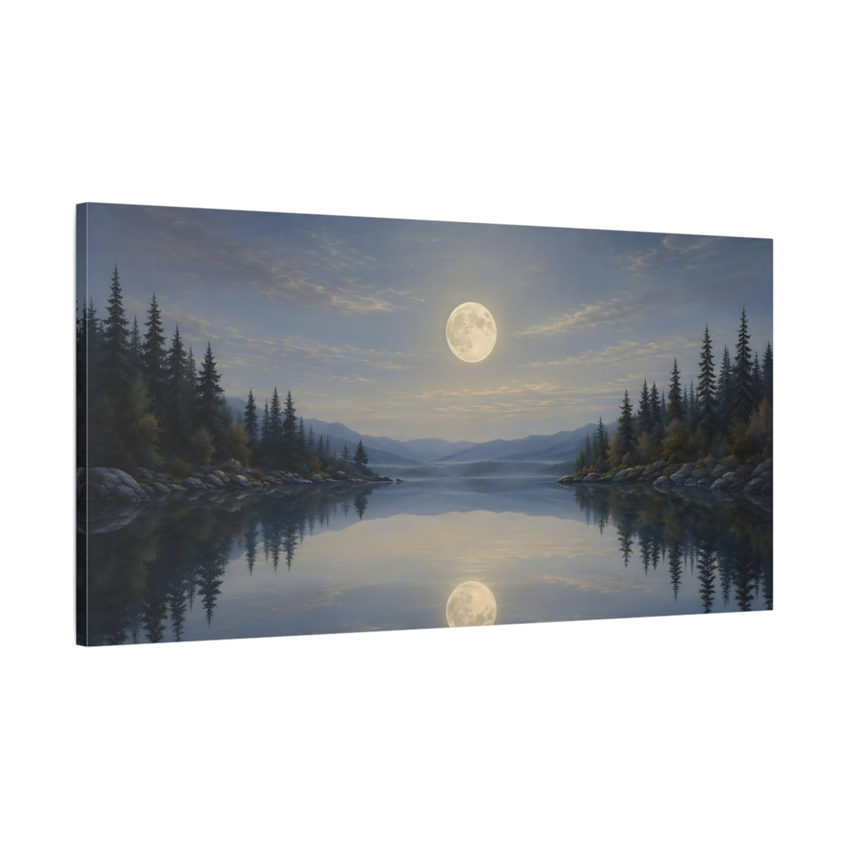 Main Mockup. Nature Moonlit Lake Moonlit Landscape shown as stretched canvas wall art