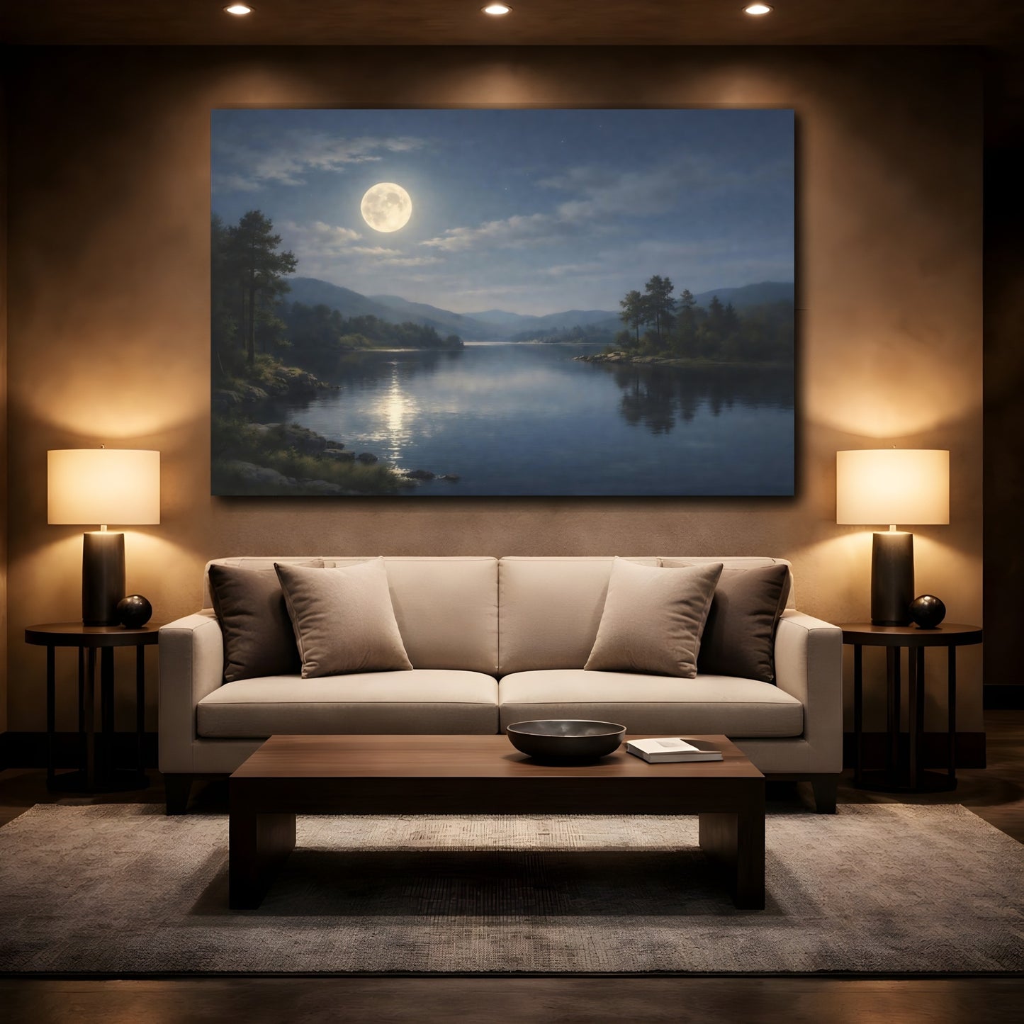 Mockup 2. Nature Moonlit Lake Moonlit Landscape shown as stretched canvas wall art