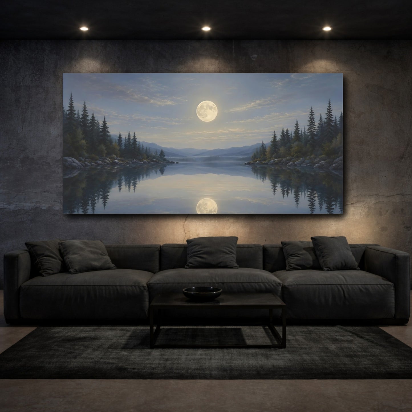 Mockup 2. Nature Moonlit Lake Moonlit Landscape shown as stretched canvas wall art