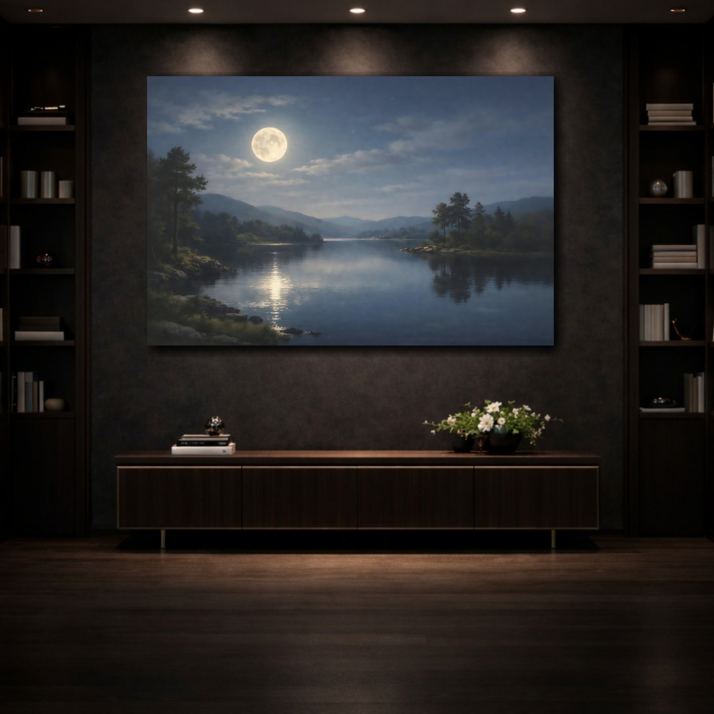 Mockup 3. Nature Moonlit Lake Moonlit Landscape shown as stretched canvas wall art