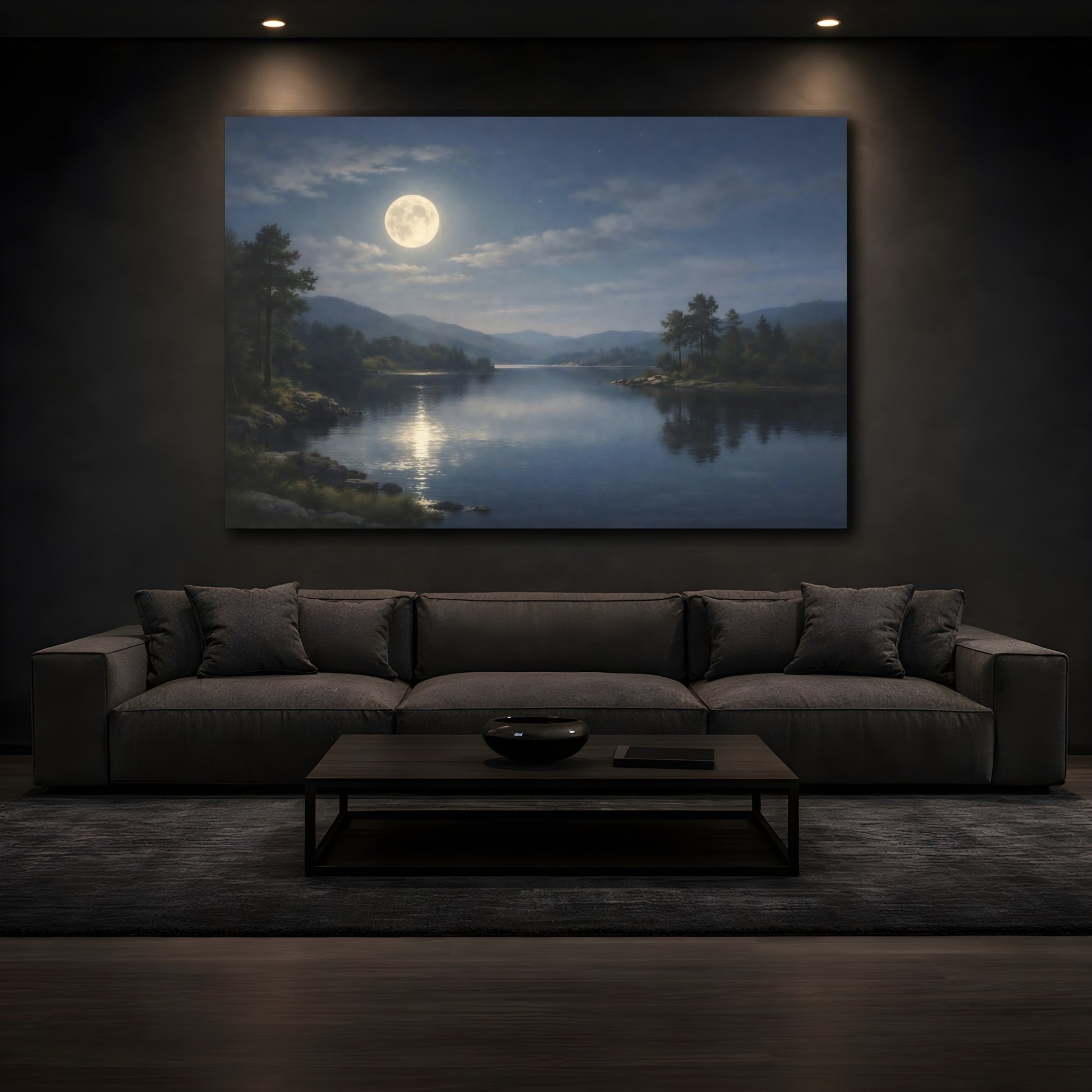 Mockup 4. Nature Moonlit Lake Moonlit Landscape shown as stretched canvas wall art