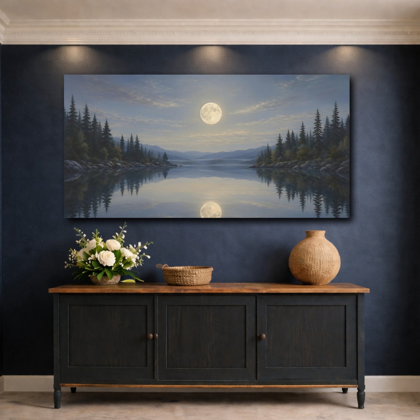 Mockup 4. Nature Moonlit Lake Moonlit Landscape shown as stretched canvas wall art