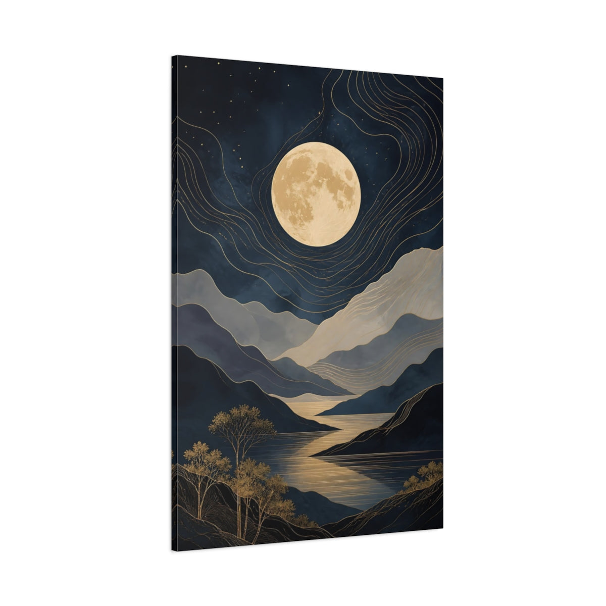 Side Mockup 1. Nature Moonlit Landscape Blue And Gold Moon Landscape shown as stretched canvas wall art