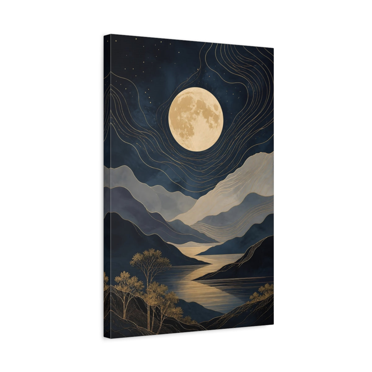 Side Mockup 3. Nature Moonlit Landscape Blue And Gold Moon Landscape shown as stretched canvas wall art
