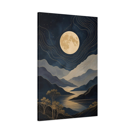 Main Mockup. Nature Moonlit Landscape Blue And Gold Moon Landscape shown as stretched canvas wall art