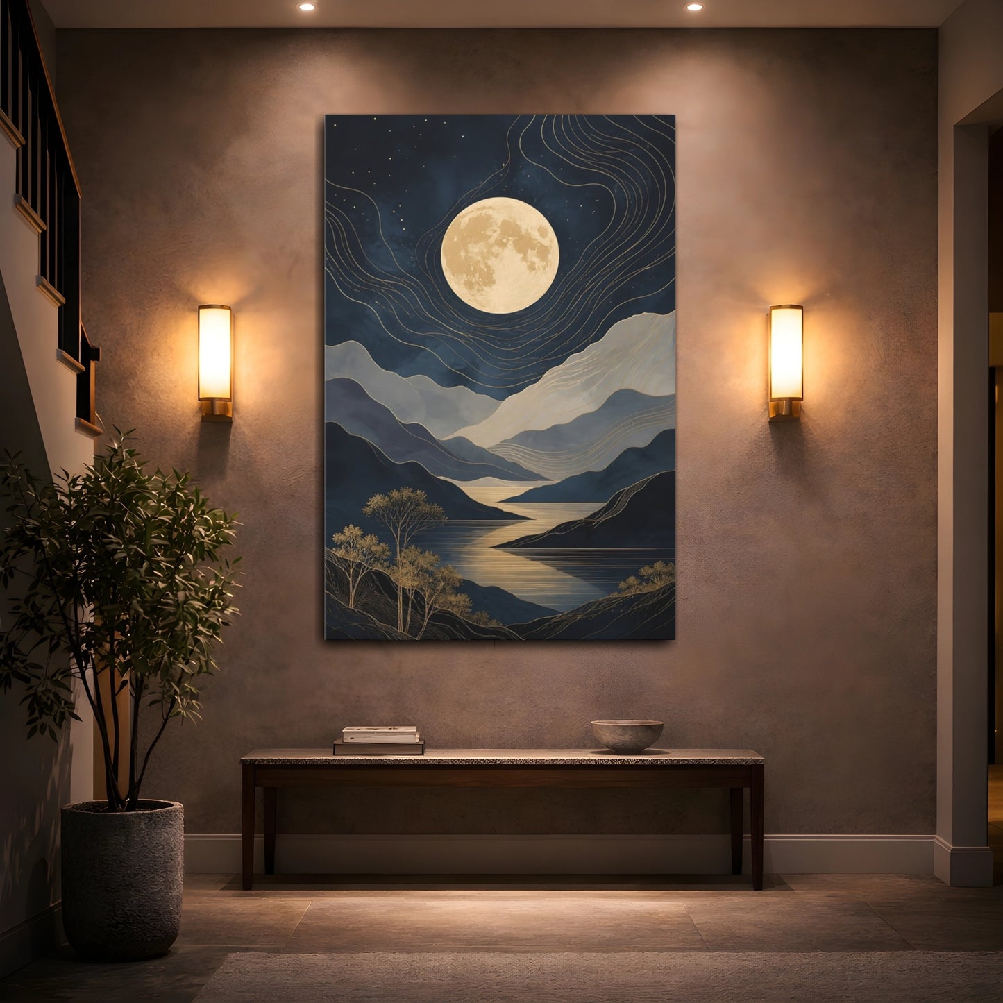 Mockup 2. Nature Moonlit Landscape Blue And Gold Moon Landscape shown as stretched canvas wall art