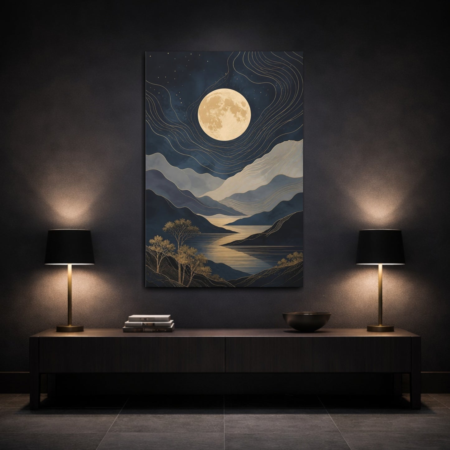 Mockup 3. Nature Moonlit Landscape Blue And Gold Moon Landscape shown as stretched canvas wall art