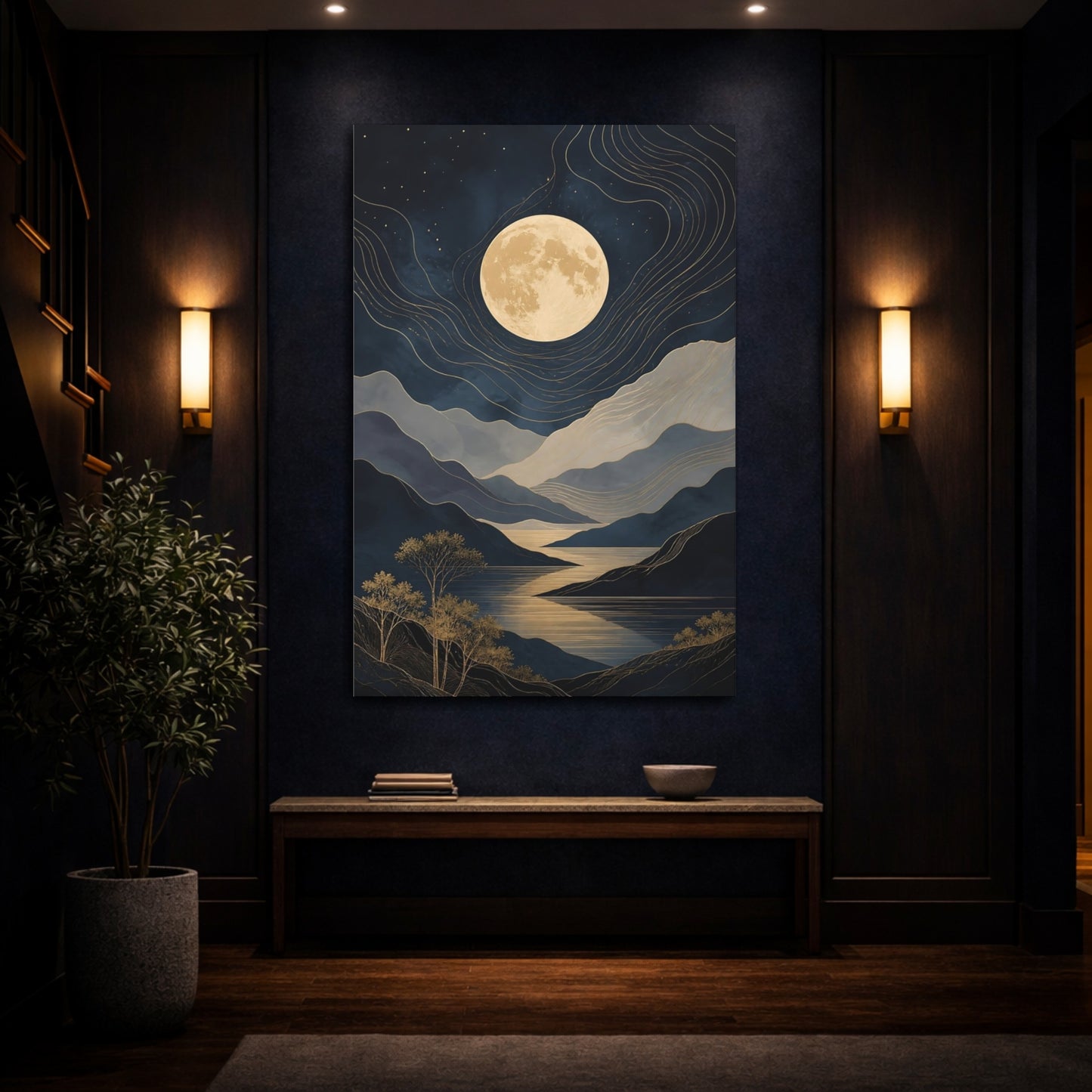 Mockup 4. Nature Moonlit Landscape Blue And Gold Moon Landscape shown as stretched canvas wall art
