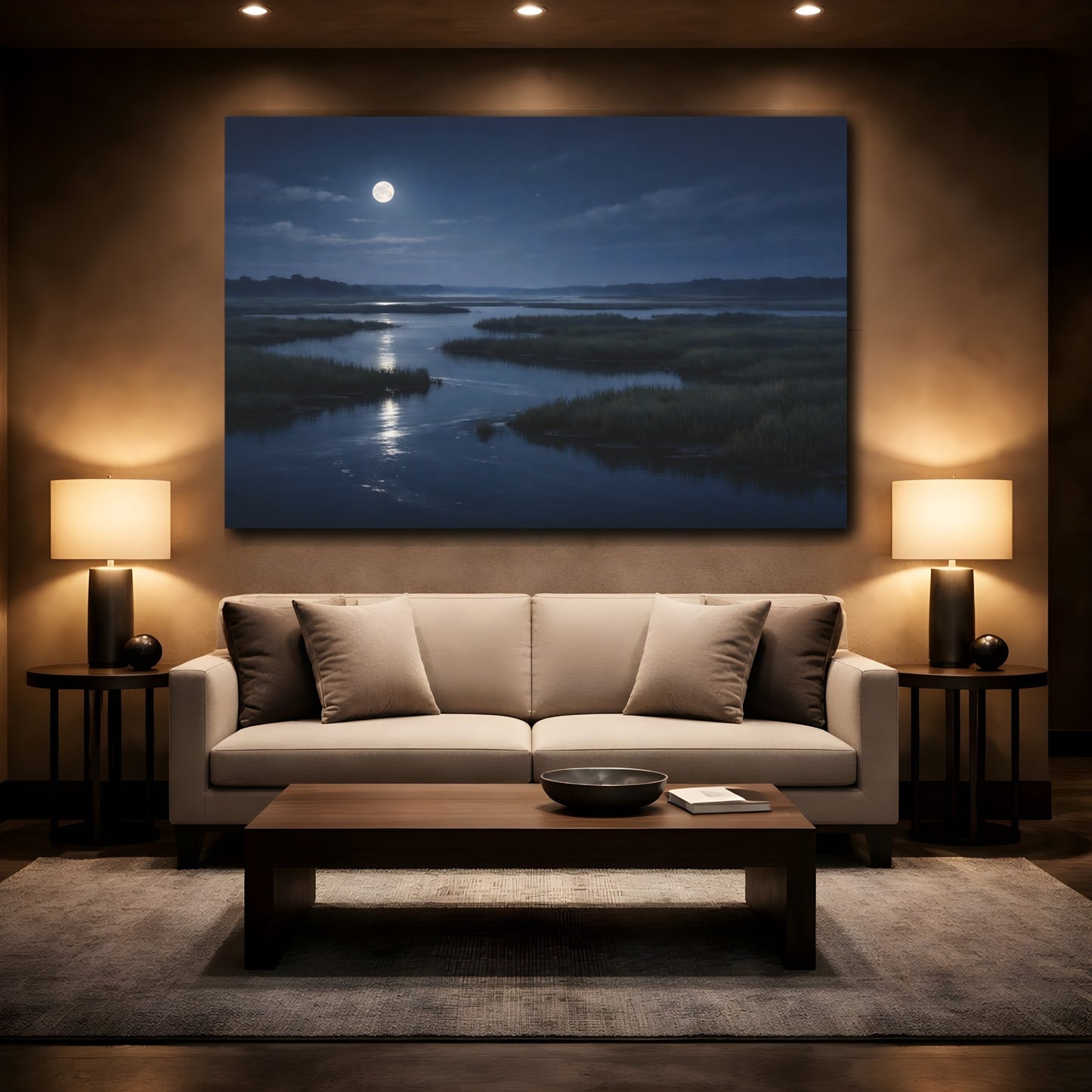 Mockup 2. Nature Moonlit Marsh Moonlit Night Nature shown as stretched canvas wall art