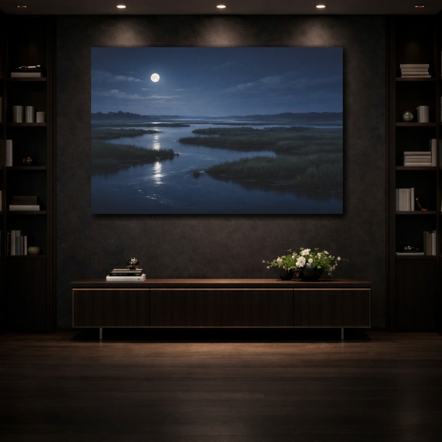 Mockup 3. Nature Moonlit Marsh Moonlit Night Nature shown as stretched canvas wall art
