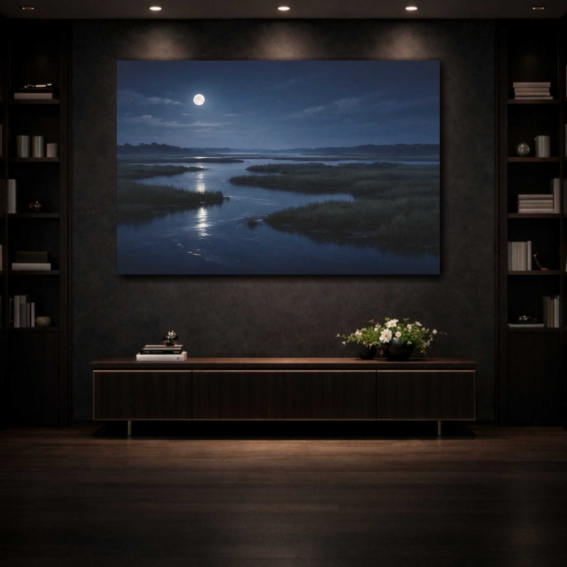 Mockup 3. Nature Moonlit Marsh Moonlit Night Nature shown as stretched canvas wall art
