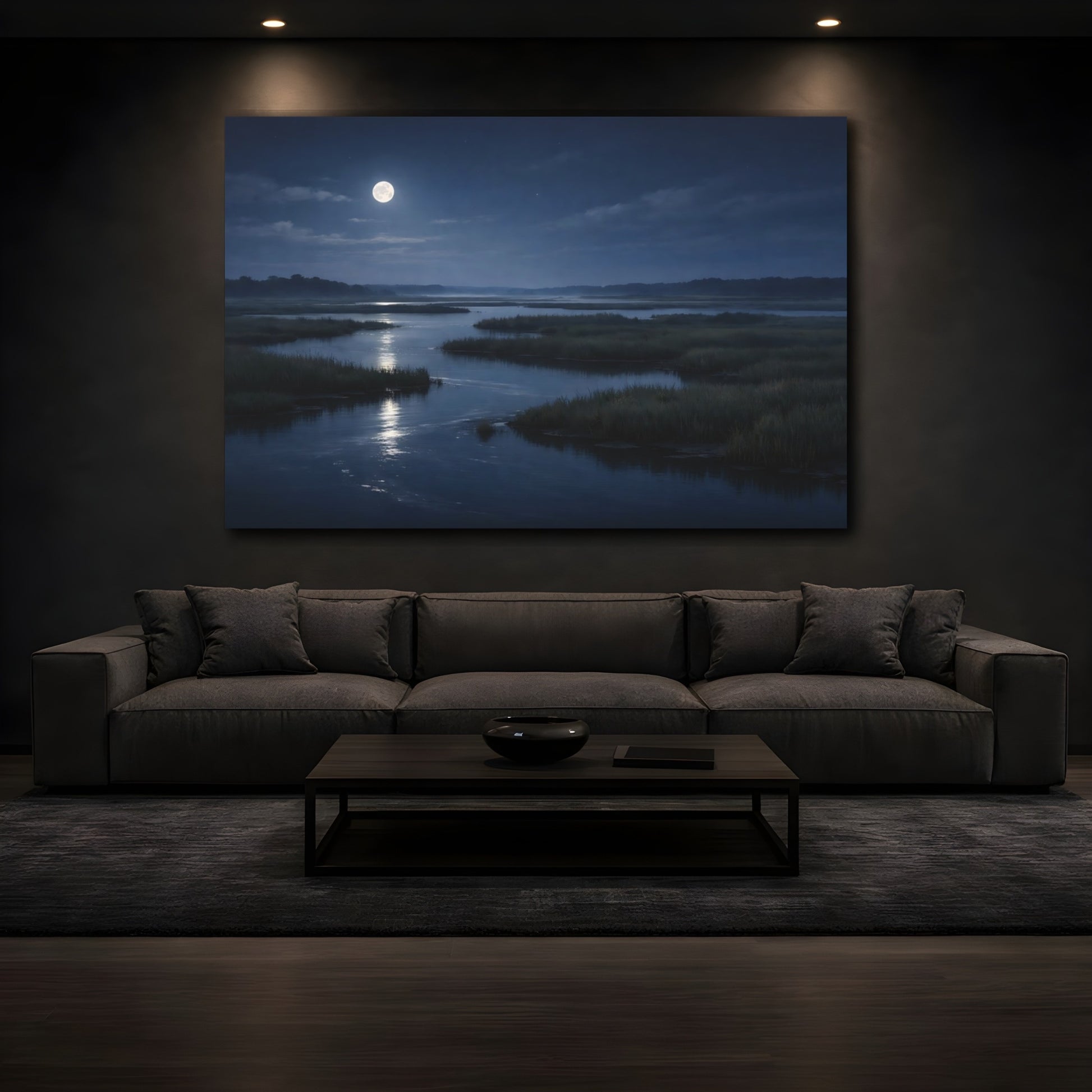 Mockup 4. Nature Moonlit Marsh Moonlit Night Nature shown as stretched canvas wall art