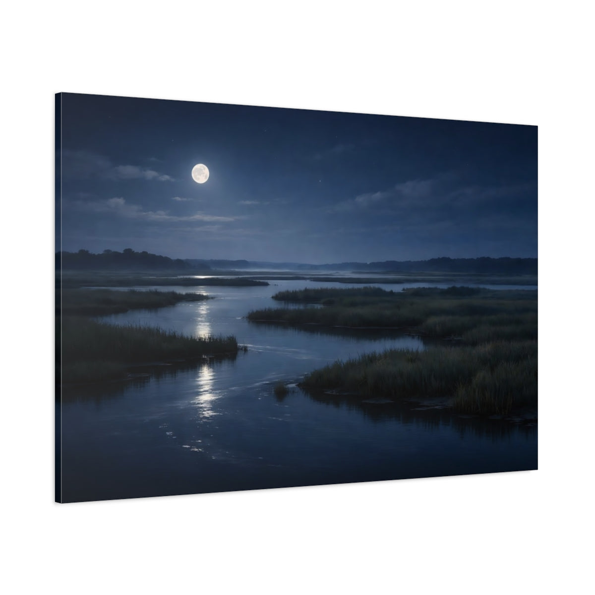 Side Mockup 1. Nature Moonlit Marsh Moonlit Night Nature shown as stretched canvas wall art