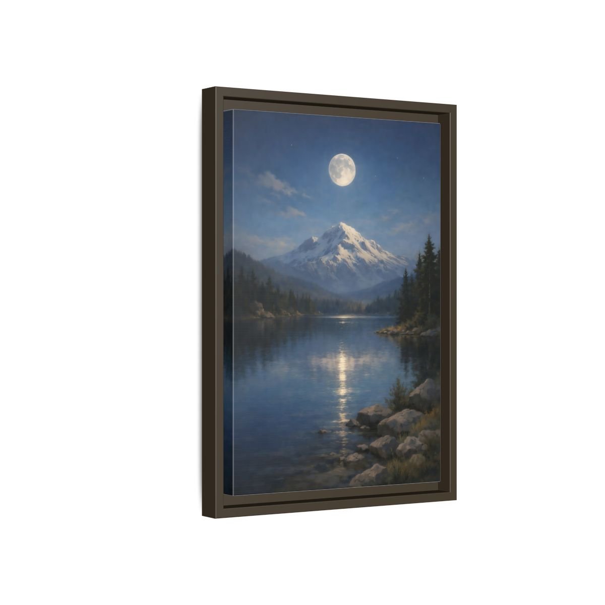 Nature Moonlit Mountain Blue - Framed Canvas Wall Art Print - YesArtYes