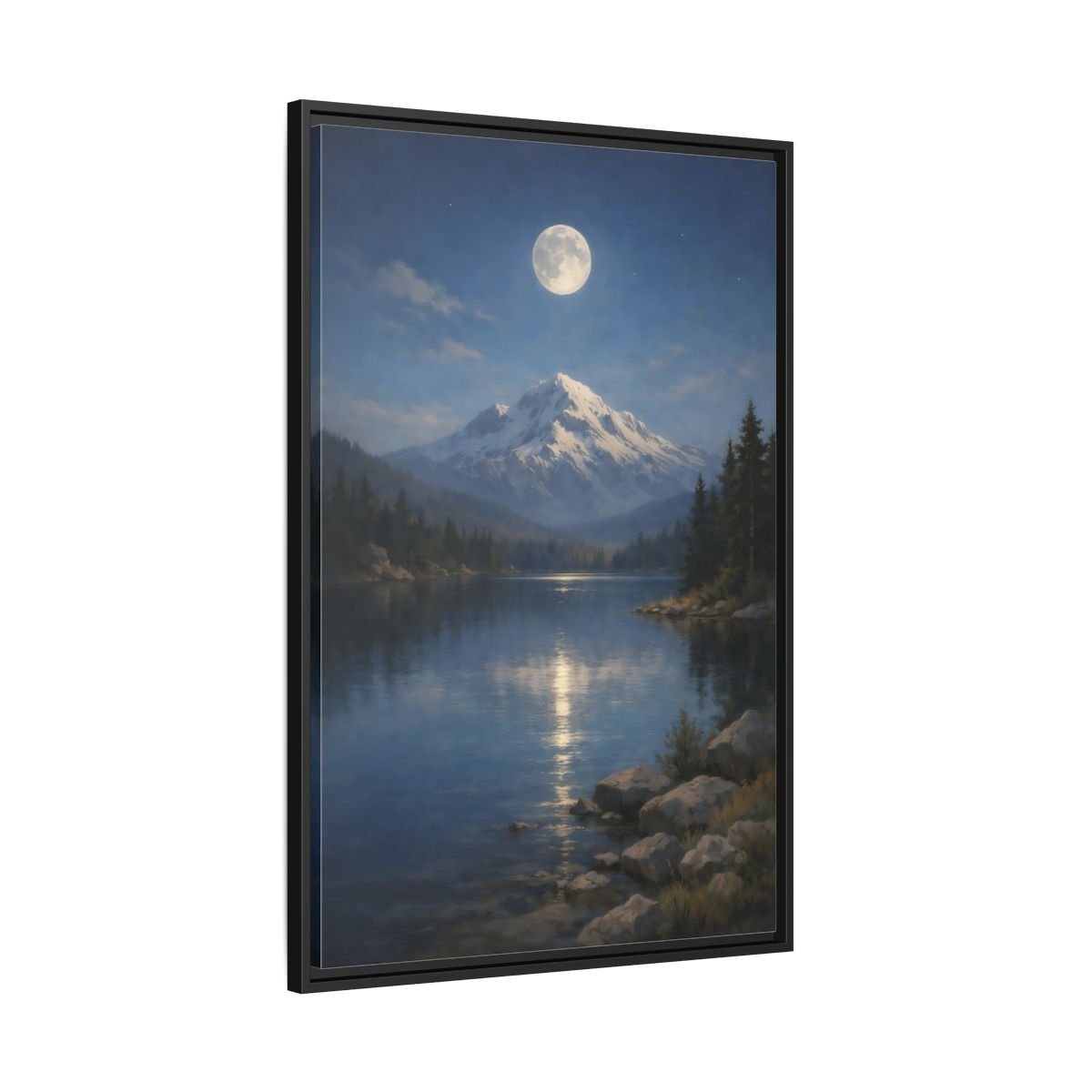 Nature Moonlit Mountain Blue - Framed Canvas Wall Art Print - YesArtYes