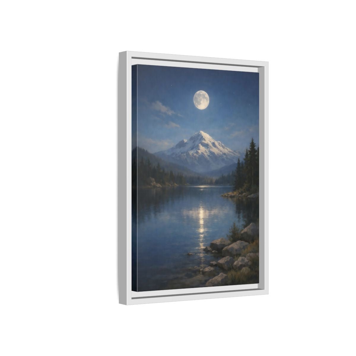 Nature Moonlit Mountain Blue - Framed Canvas Wall Art Print - YesArtYes