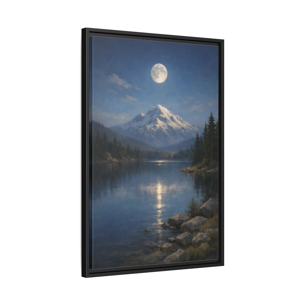 Nature Moonlit Mountain Blue - Framed Canvas Wall Art Print - YesArtYes