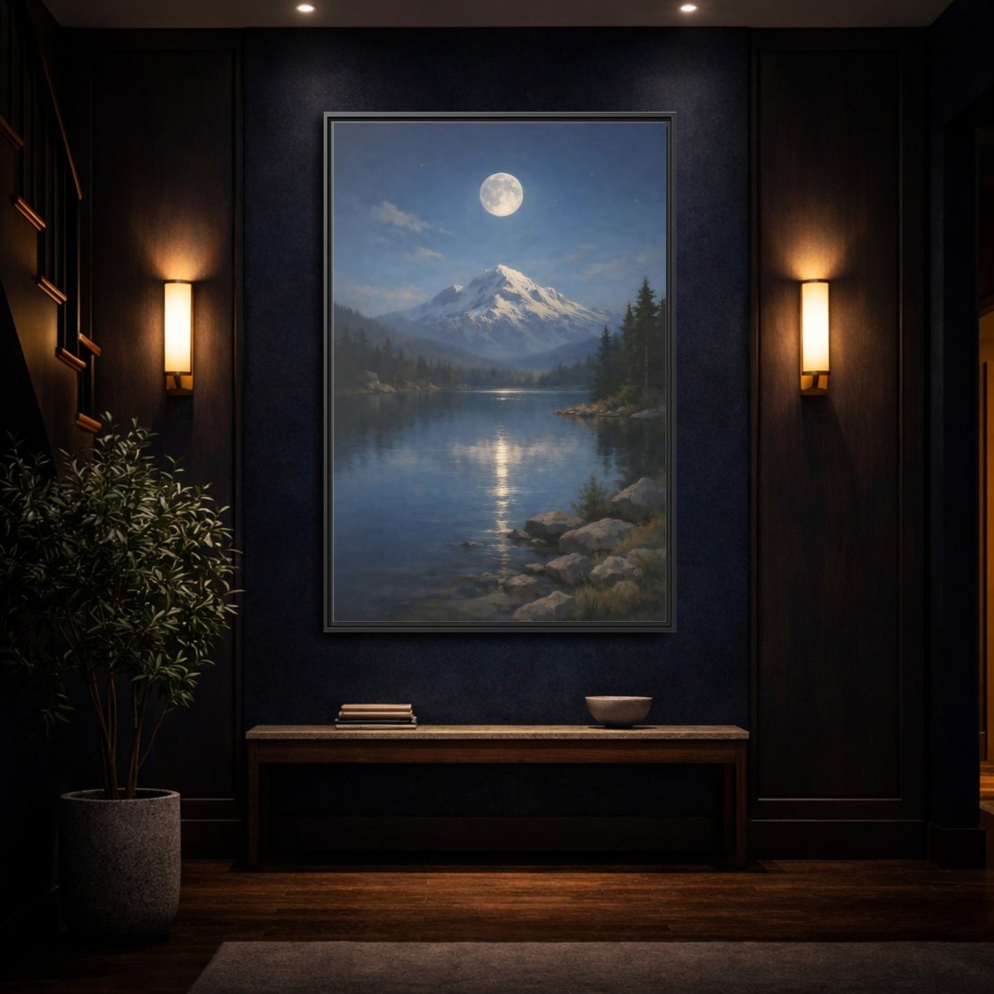 Nature Moonlit Mountain Blue - Framed Canvas Wall Art Print - YesArtYes