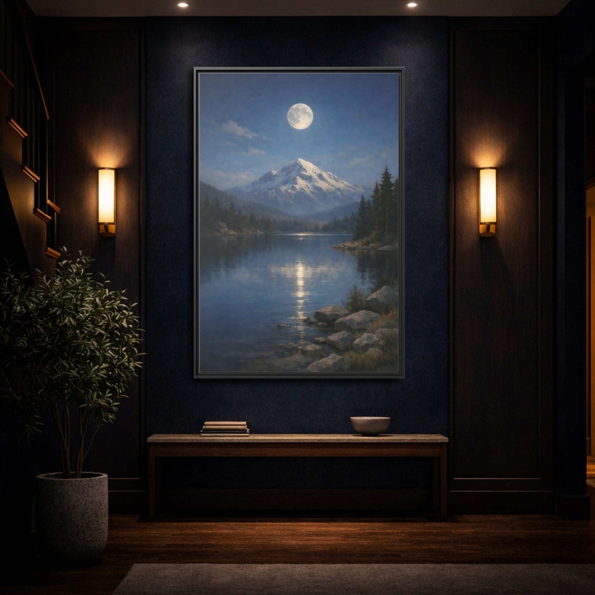 Nature Moonlit Mountain Blue - Framed Canvas Wall Art Print - YesArtYes