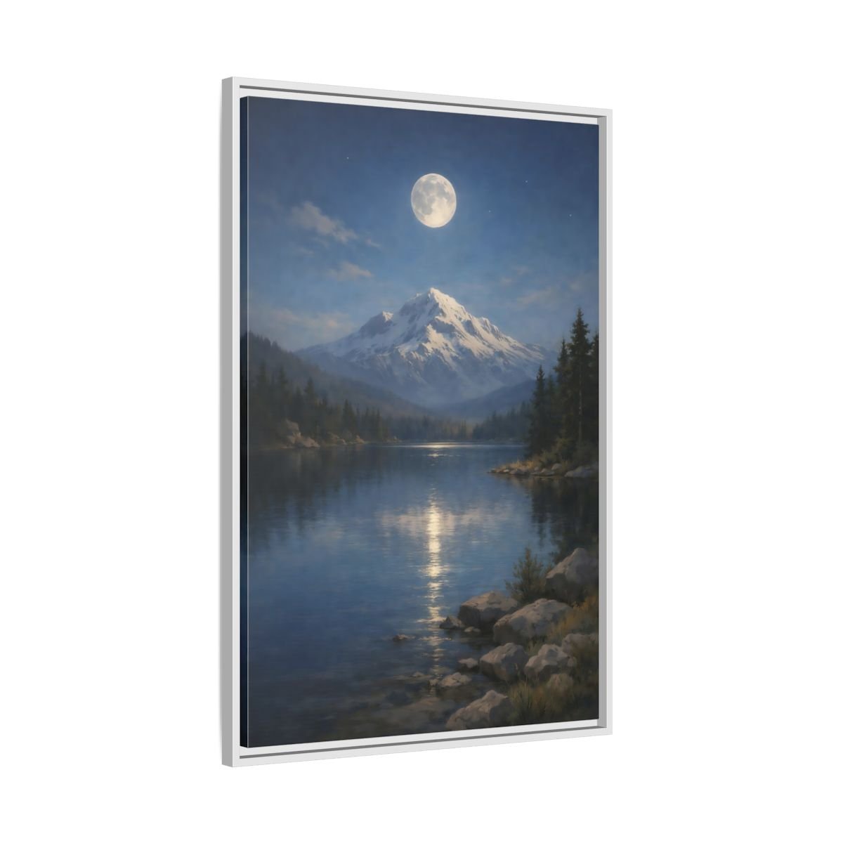 Nature Moonlit Mountain Blue - Framed Canvas Wall Art Print - YesArtYes