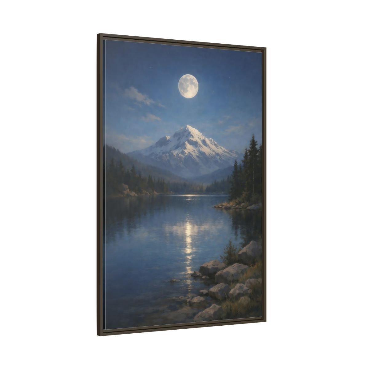 Nature Moonlit Mountain Blue - Framed Canvas Wall Art Print - YesArtYes