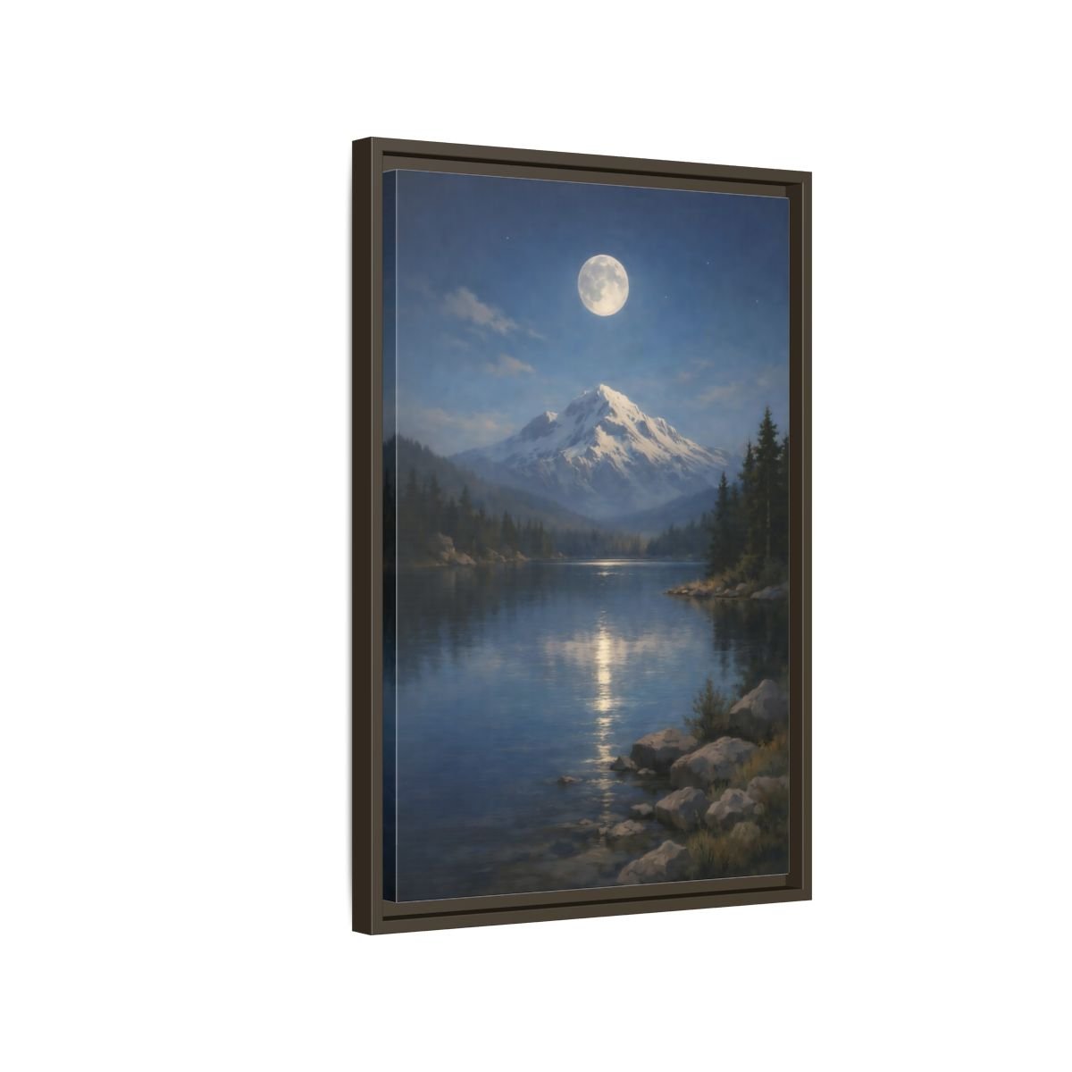 Nature Moonlit Mountain Blue - Framed Canvas Wall Art Print - YesArtYes