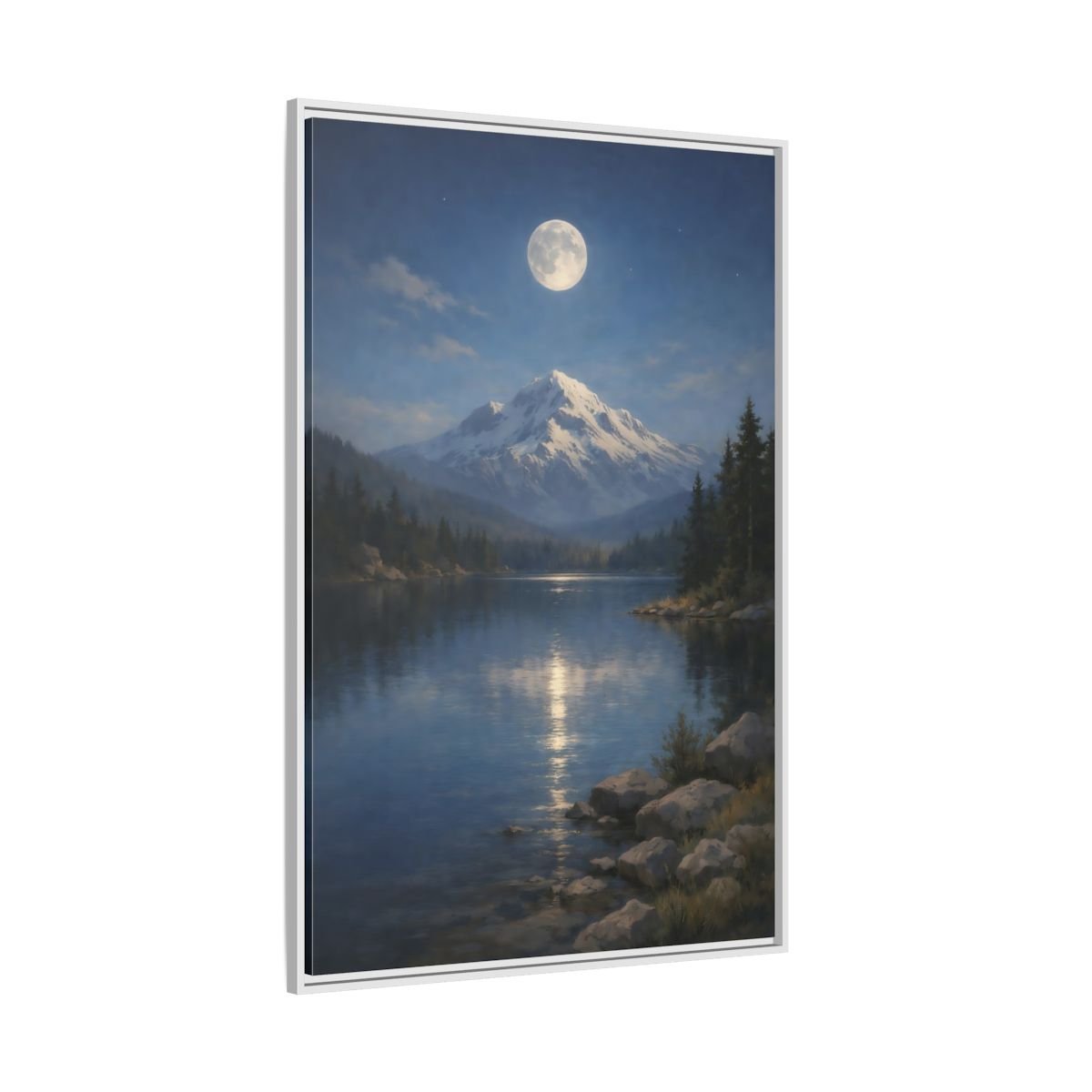 Nature Moonlit Mountain Blue - Framed Canvas Wall Art Print - YesArtYes