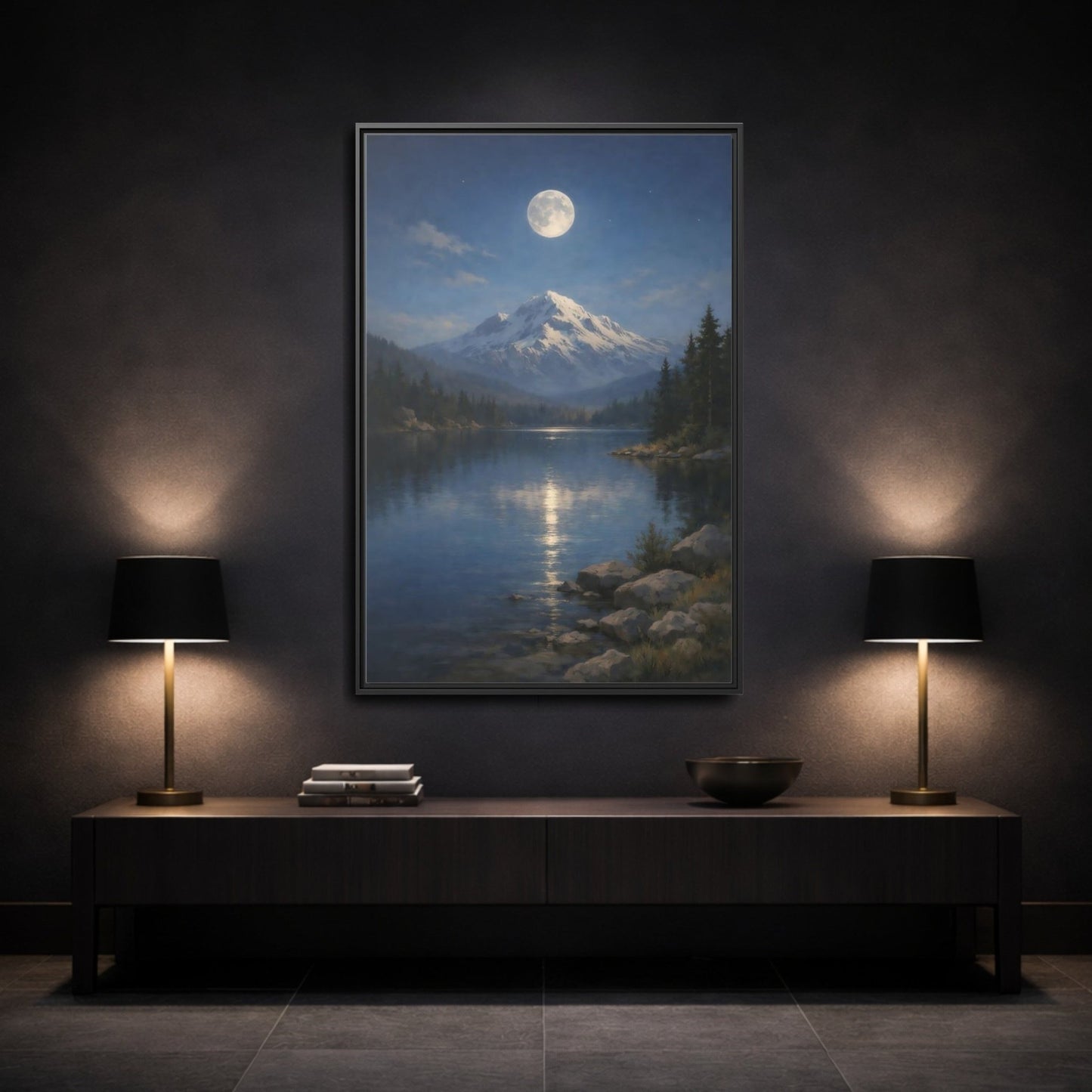 Nature Moonlit Mountain Blue - Framed Canvas Wall Art Print - YesArtYes