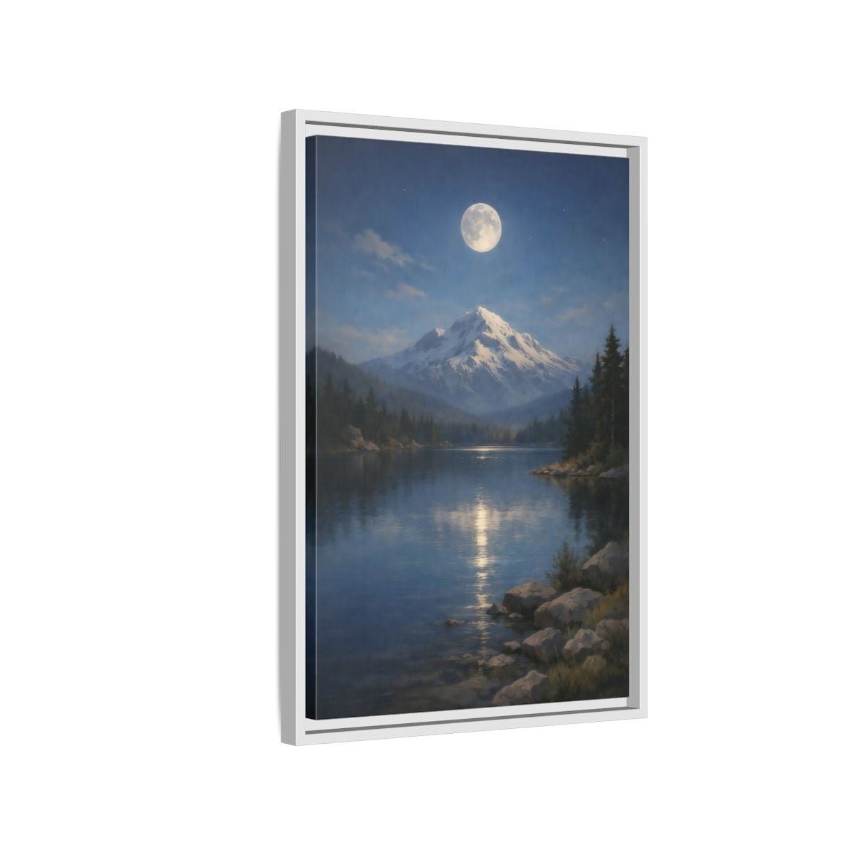 Nature Moonlit Mountain Blue - Framed Canvas Wall Art Print - YesArtYes