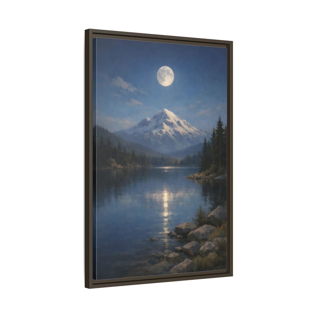 Nature Moonlit Mountain Blue - Framed Canvas Wall Art Print - YesArtYes