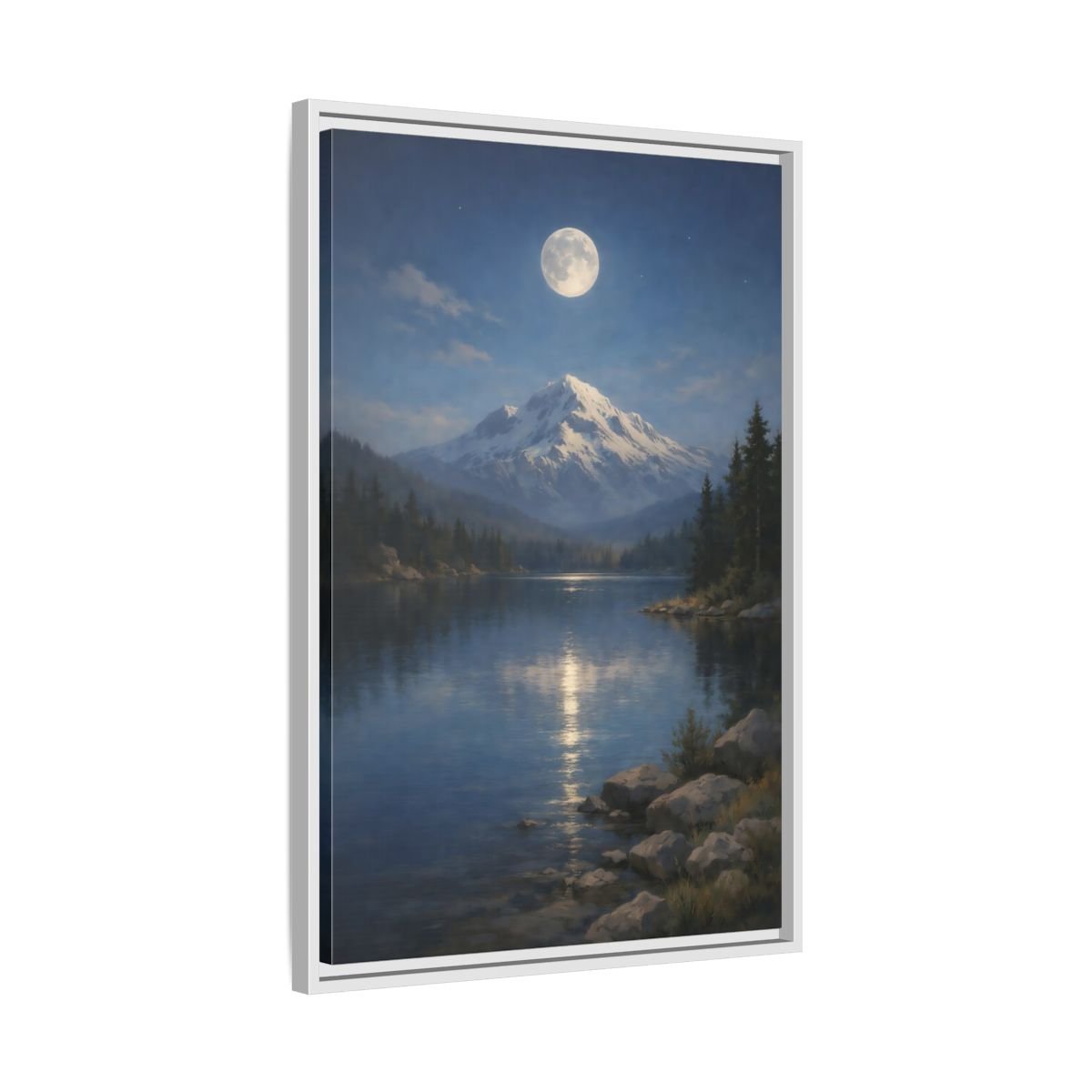Nature Moonlit Mountain Blue - Framed Canvas Wall Art Print - YesArtYes