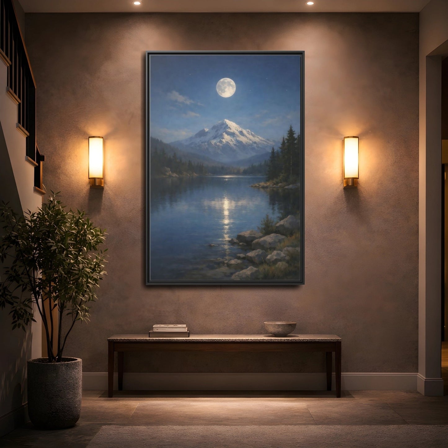 Nature Moonlit Mountain Blue - Framed Canvas Wall Art Print - YesArtYes