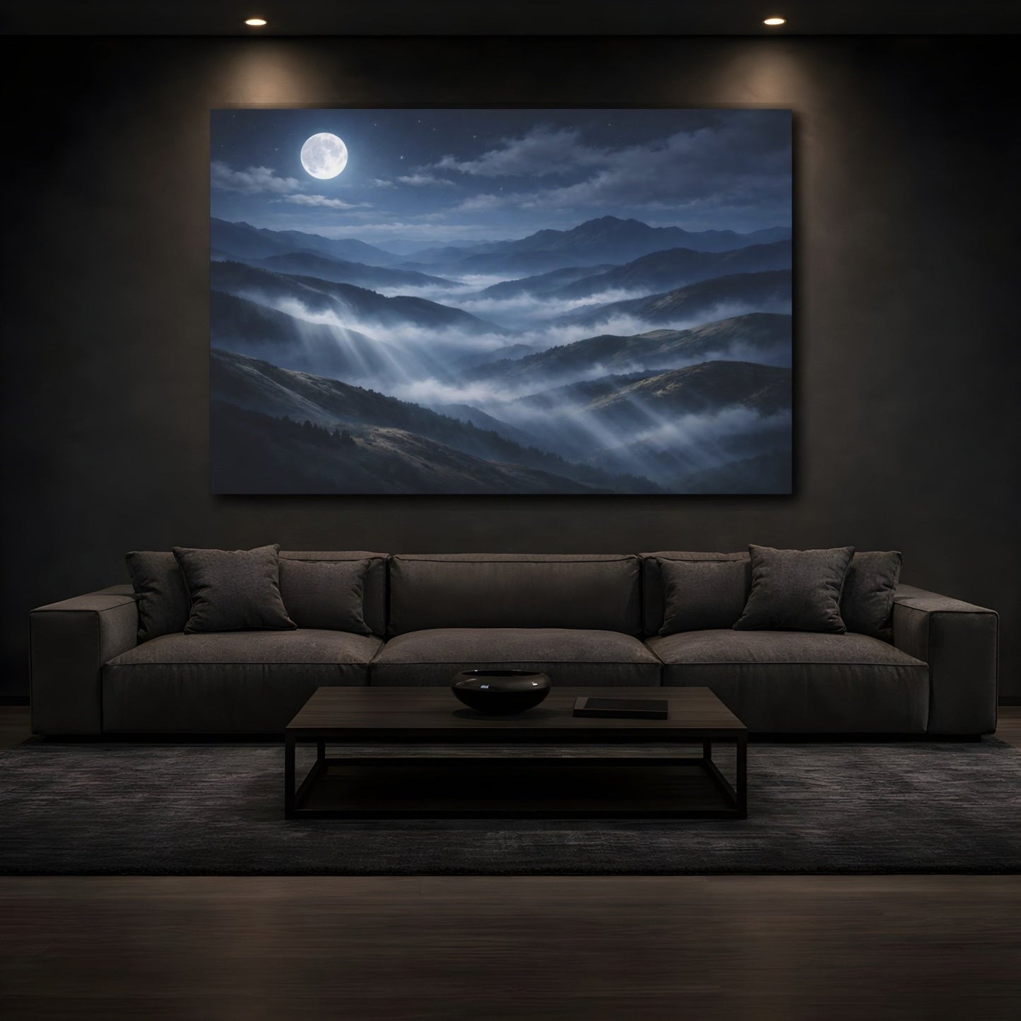 Nature Moonlit Mountains Blue Fog - Canvas Wall Art Print - YesArtYes