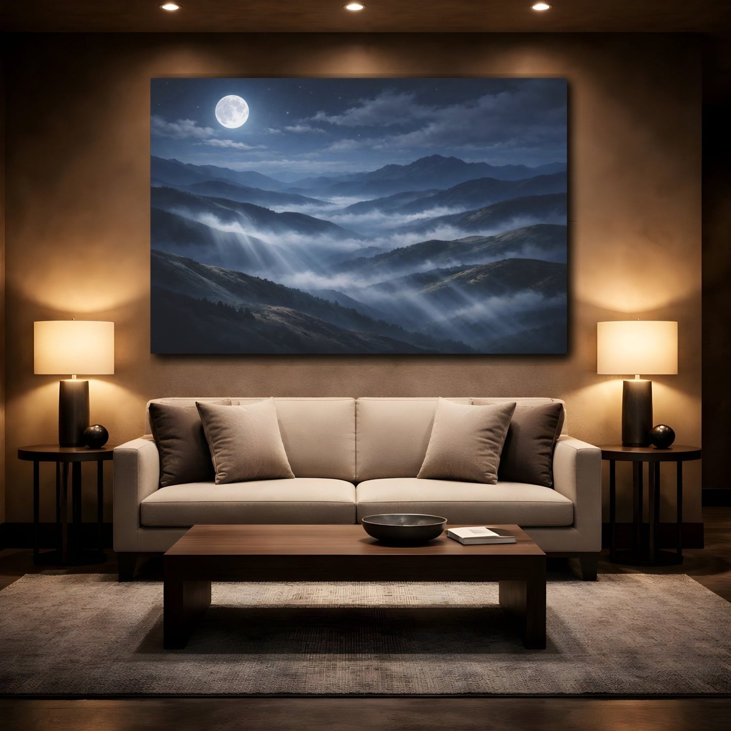 Nature Moonlit Mountains Blue Fog - Canvas Wall Art Print - YesArtYes