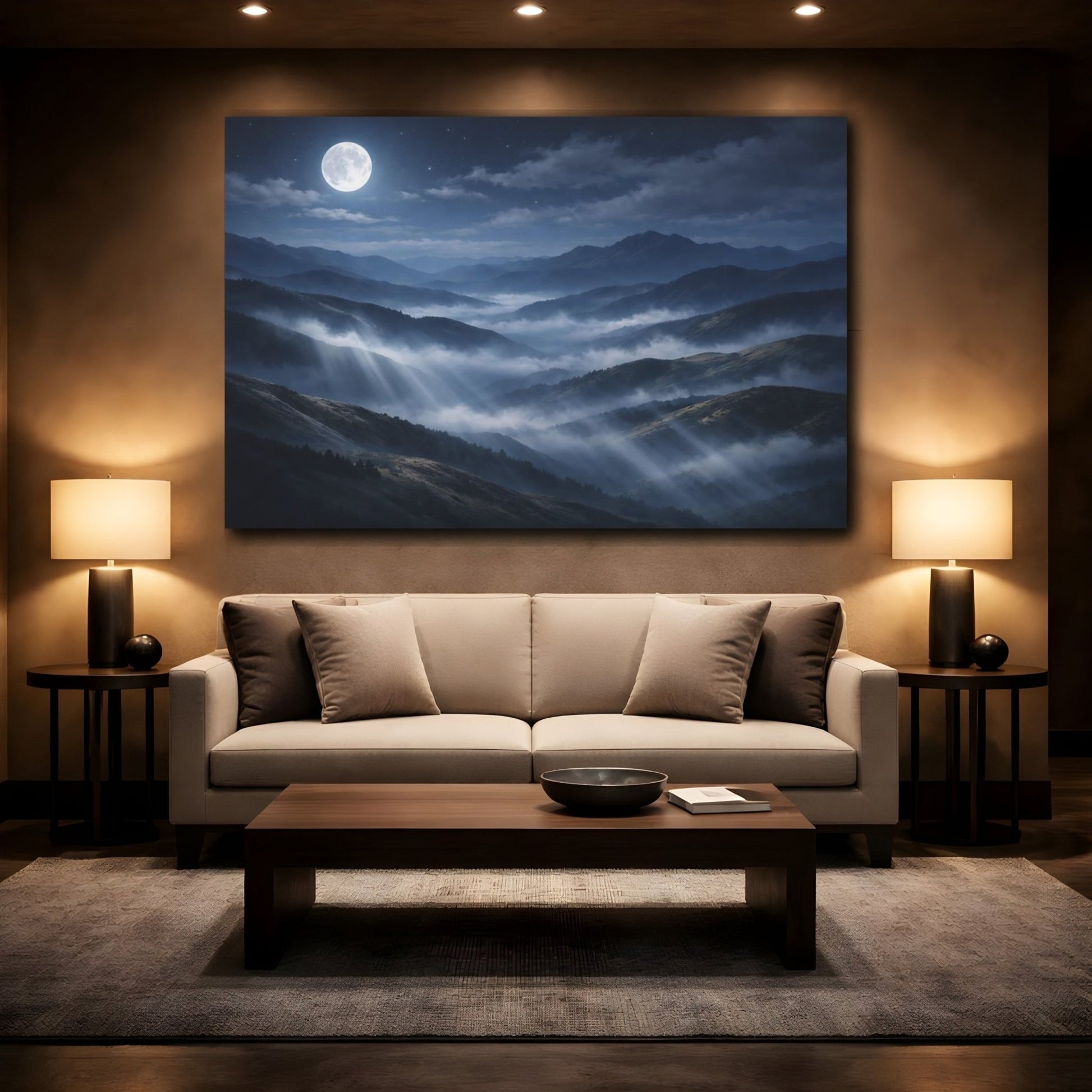 Nature Moonlit Mountains Blue Fog - Canvas Wall Art Print - YesArtYes